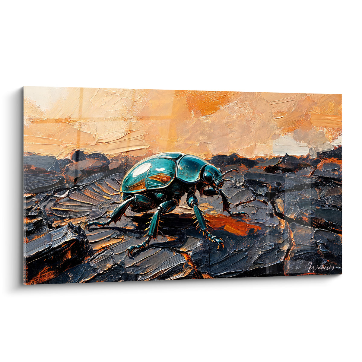 Scarabé turquoise métallique aux pattes fines sur roche anthracite et ocre embrasé