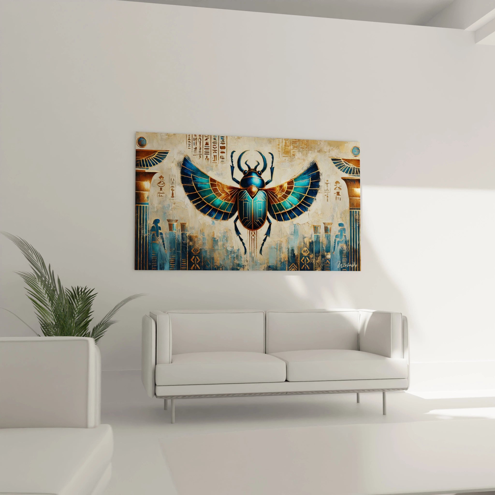 Accrochez ce tableau scarabee au dessus de votre canape pour une touche de mystere et d elegance. Les motifs historiques et les details contemporains se marient parfaitement dans un interieur moderne.