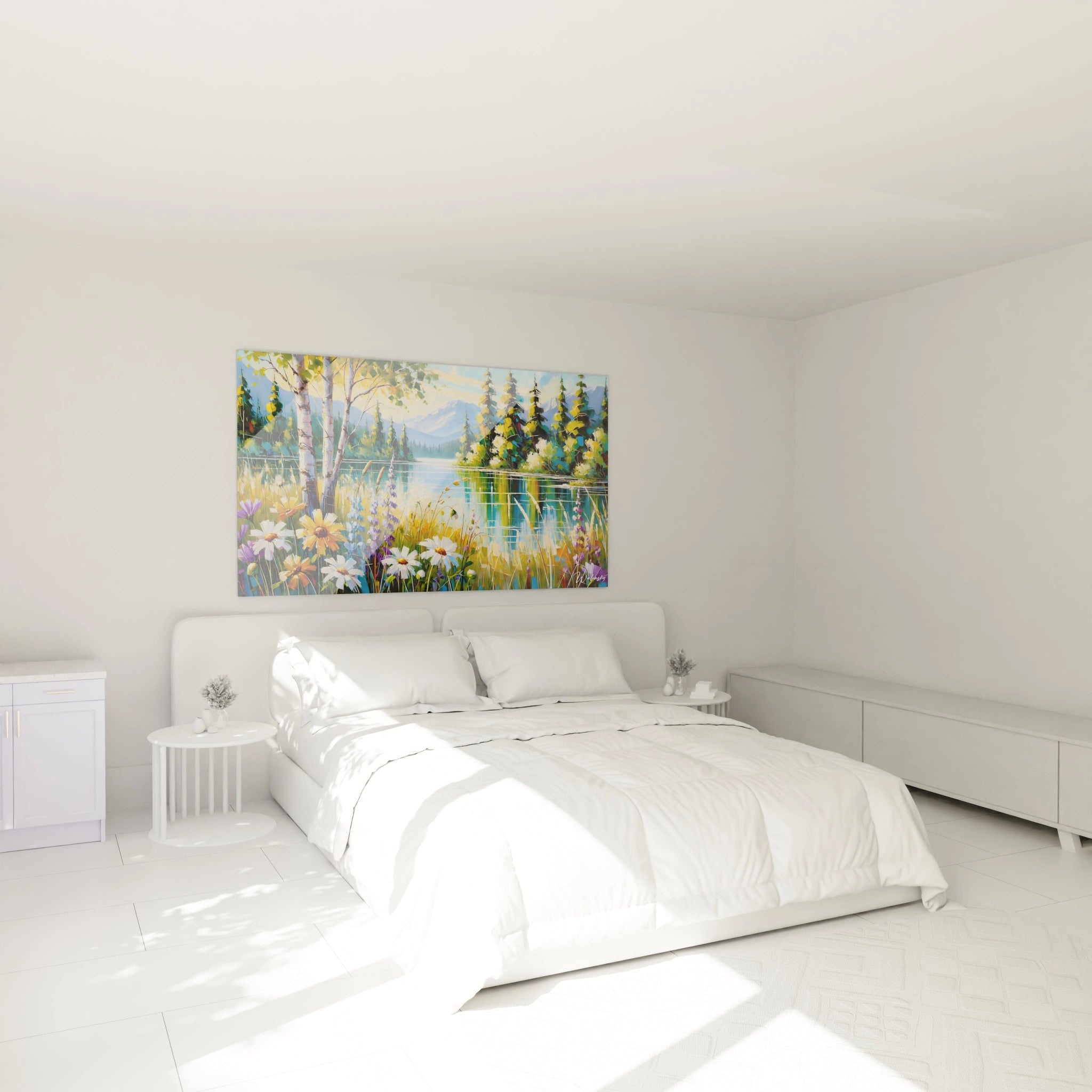 tableau scene naturelle dans une chambre au dessus du lit apporte une atmosphere de serenite inspiree par la beaute d un lac matinal une touche contemporaine pour un espace de repos