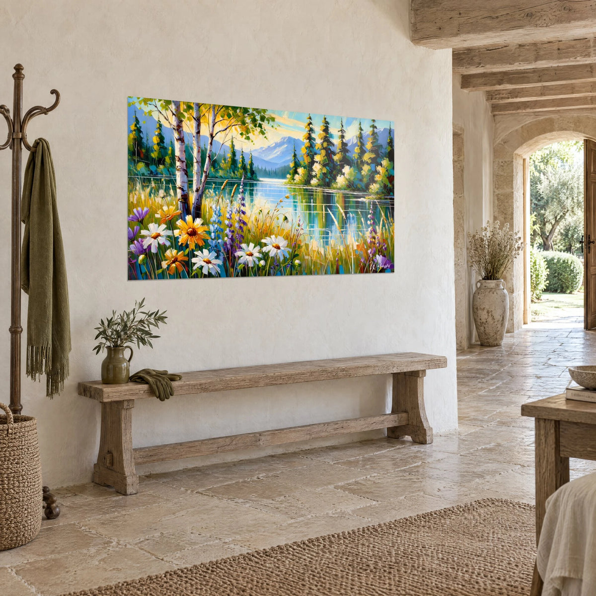 Wall art birch trees with pale trunks leaning over a green and golden mirror-like water, yellow flowers in the foreground, rustic wooden bench