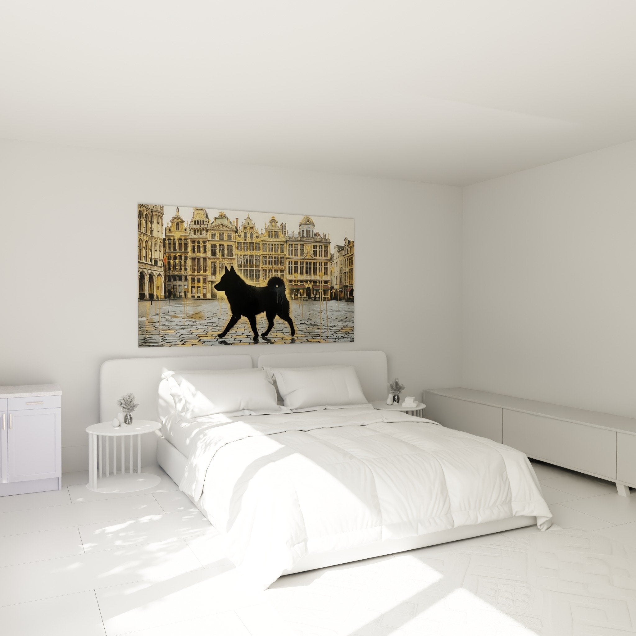 Tableau Schipperke chambre decoration murale place historique pavés dorés silhouette chien belge ambiance
