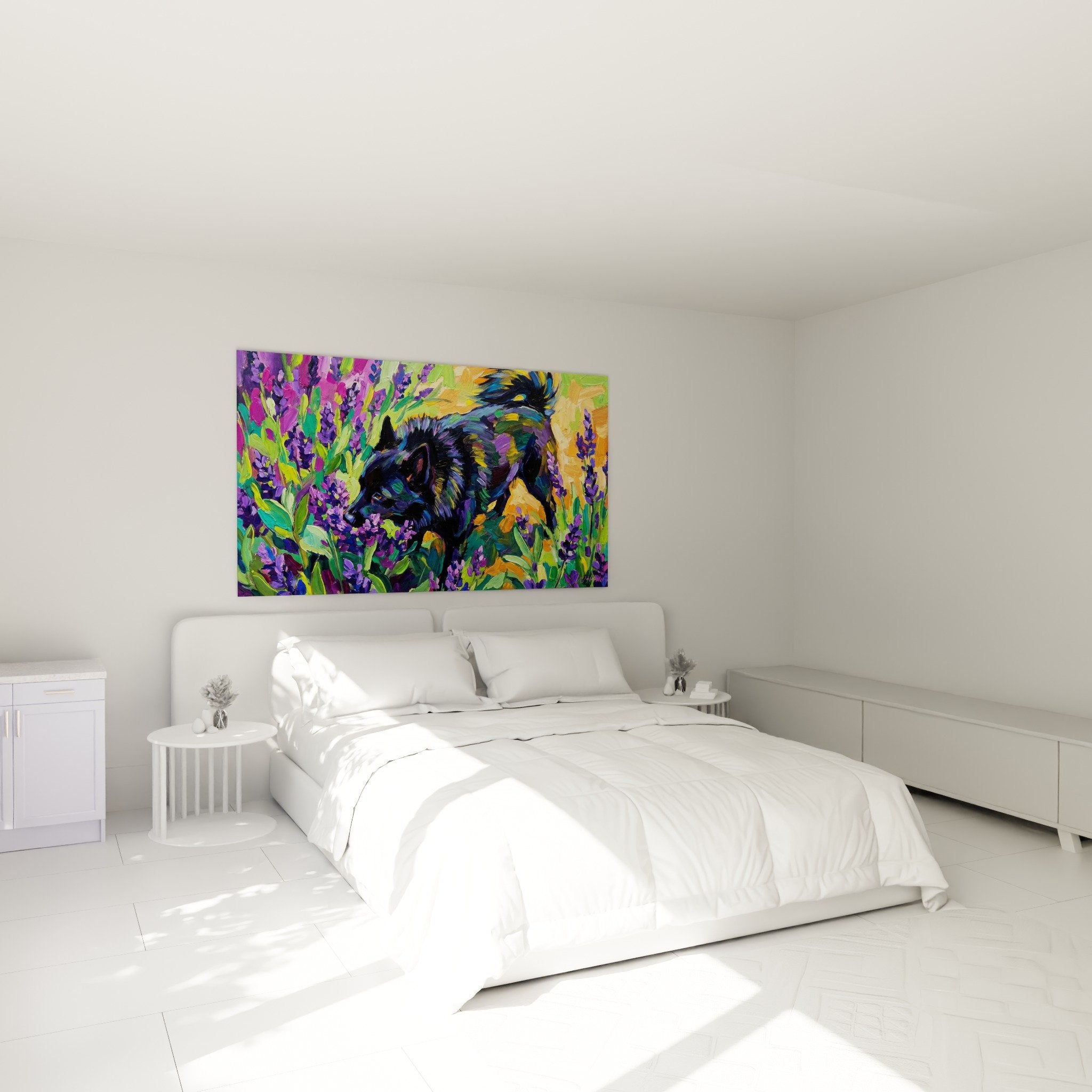 Schipperke Gemälde Lavendel Schlafzimmer Wanddekoration violette orange Farben Impressionist