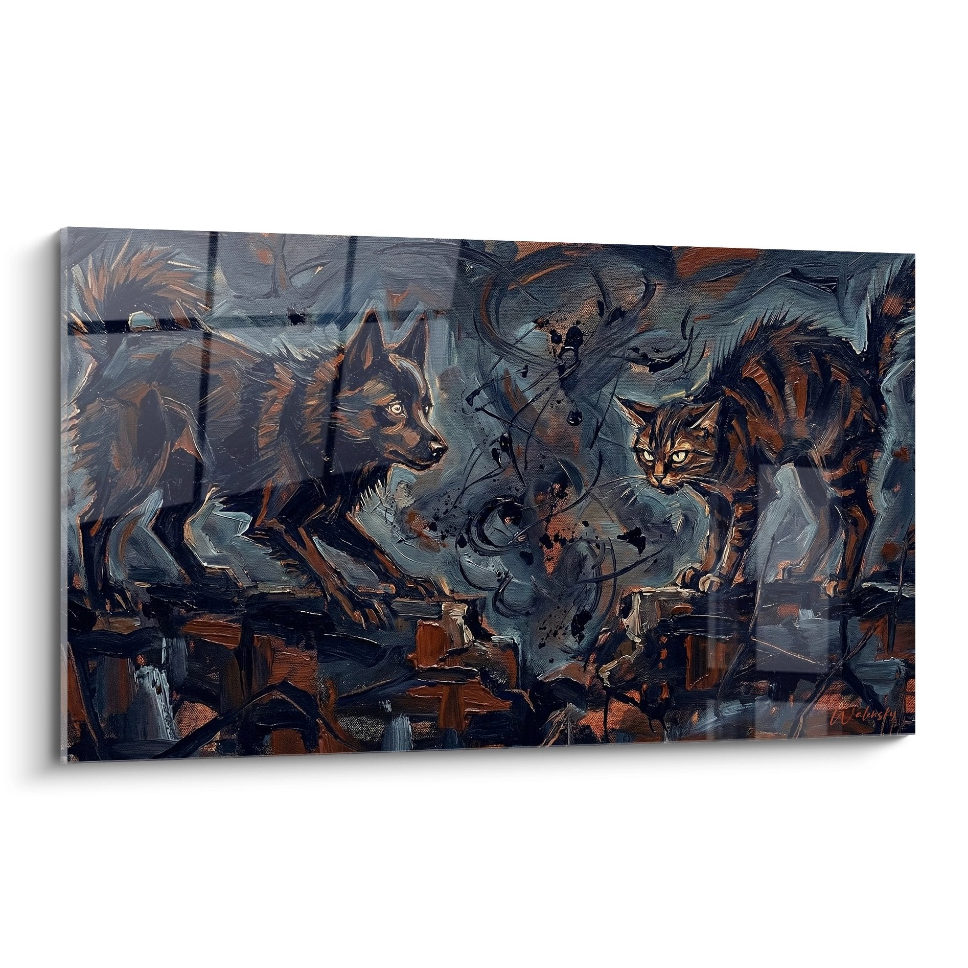 Tableau Schipperke et chat tons bruns ocre ambiance mysterieuse decor forestier expressionniste edition schipperke