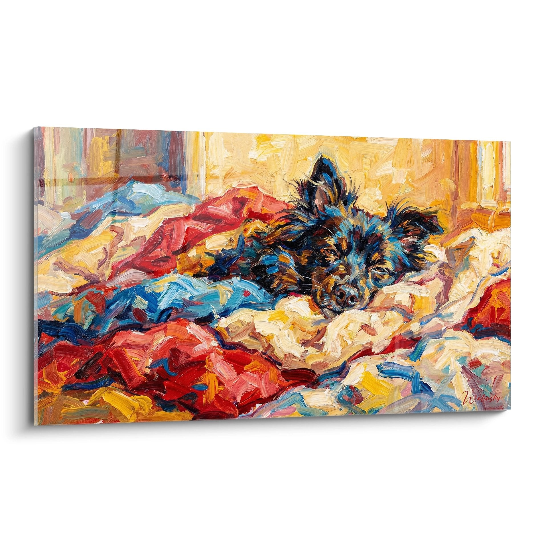 Tableau impressionniste Schipperke noir endormi couvertures colorees rouge orange bleu style peinture a huile