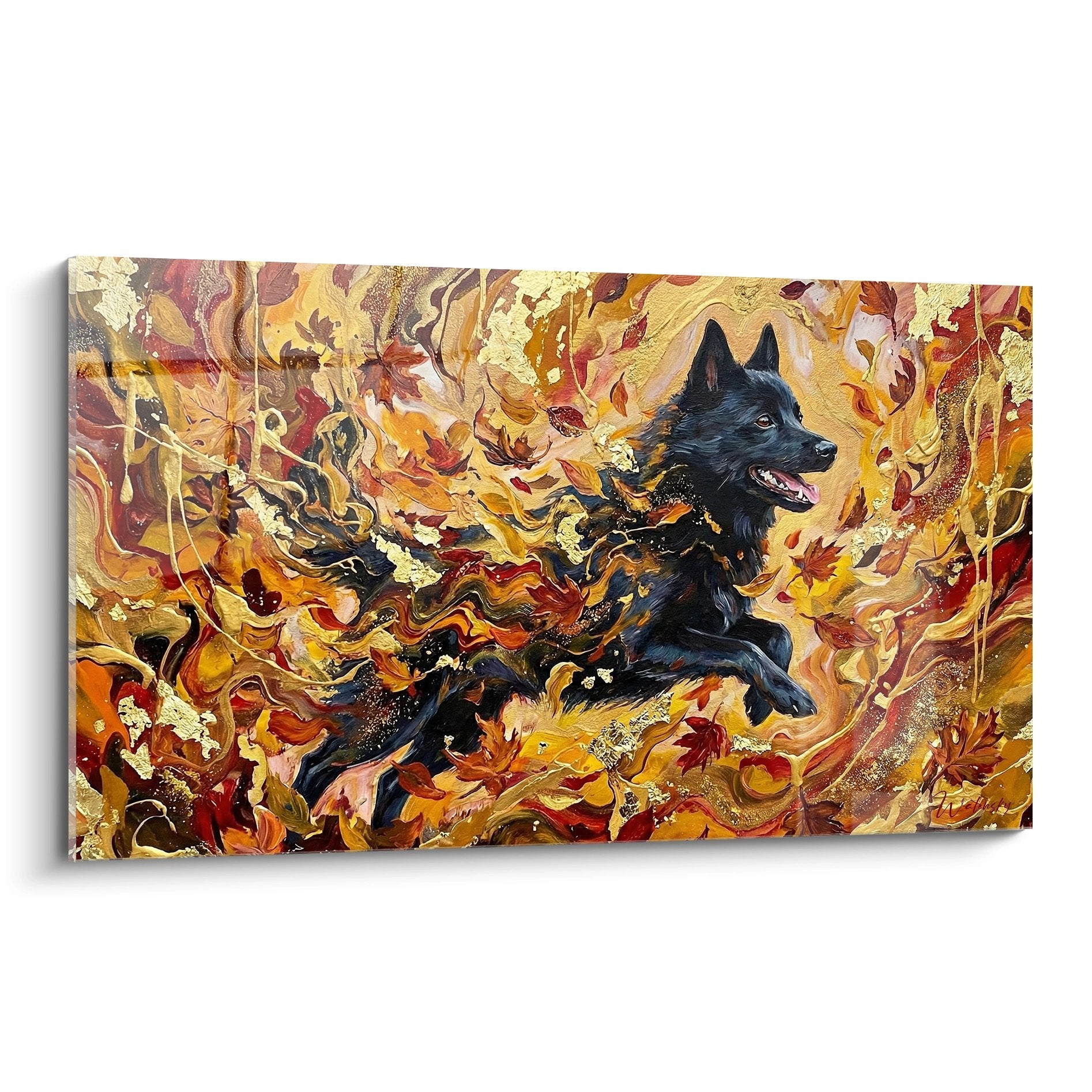 Tableau Schipperke noir jaillissant flammes dorées feuillages automnaux art mural dynamique