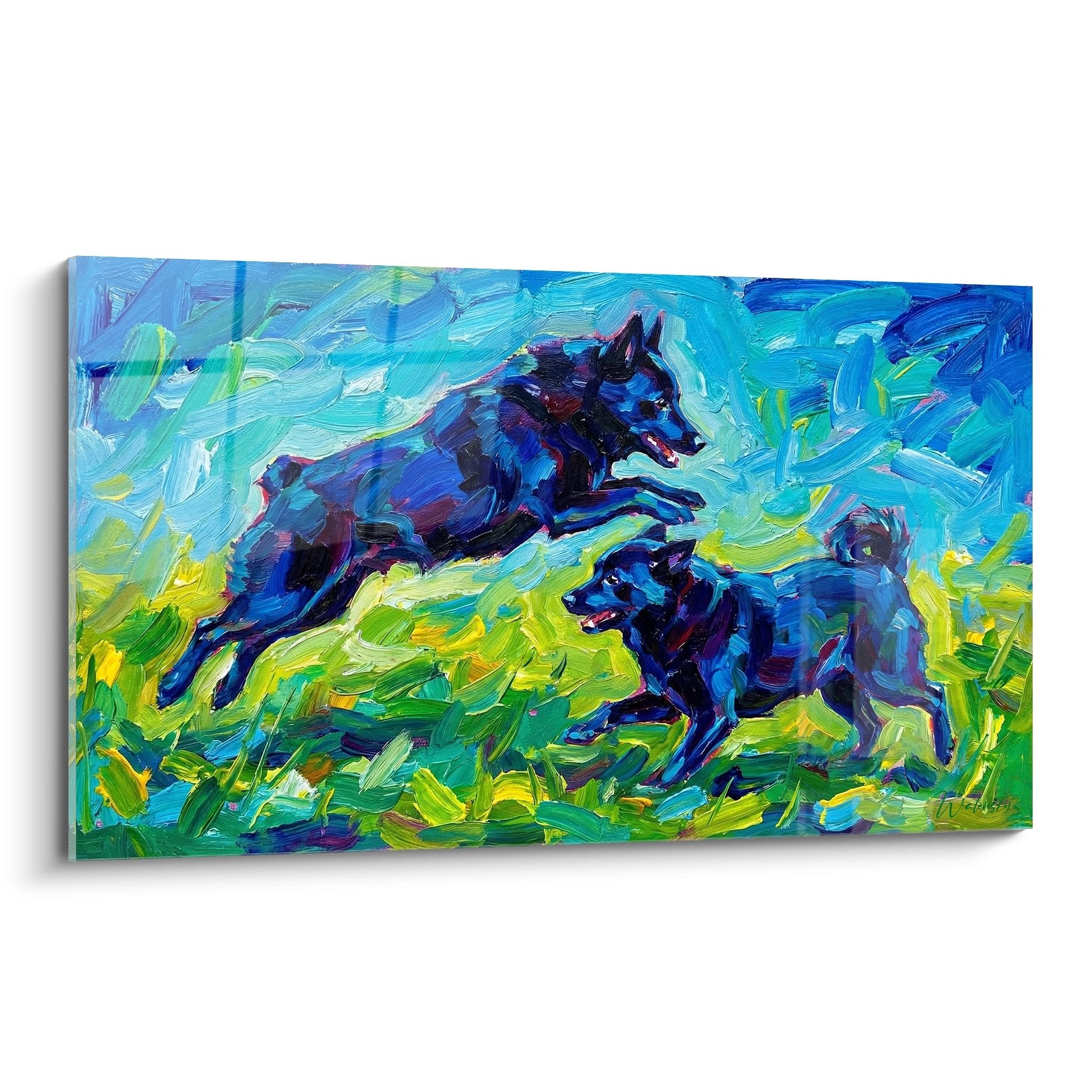 tableau schipperke style impressionniste bleu vert mouvement course prairie coloree
