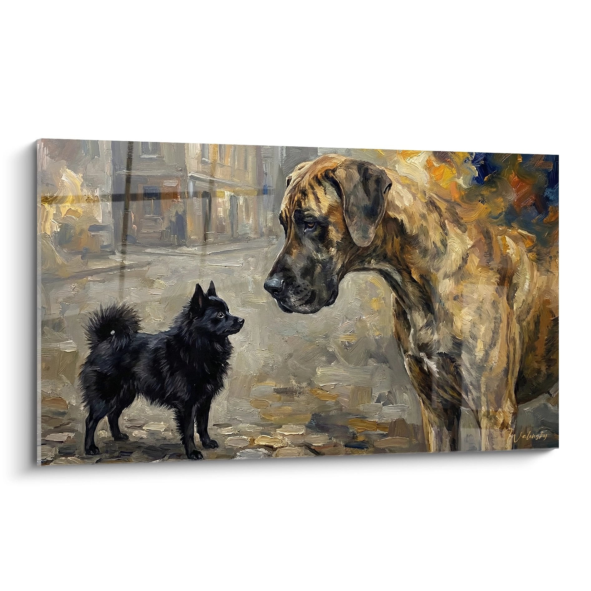 tableau schipperke noir et grand chien brun sur pavés anciens scène urbaine touchante art animalier