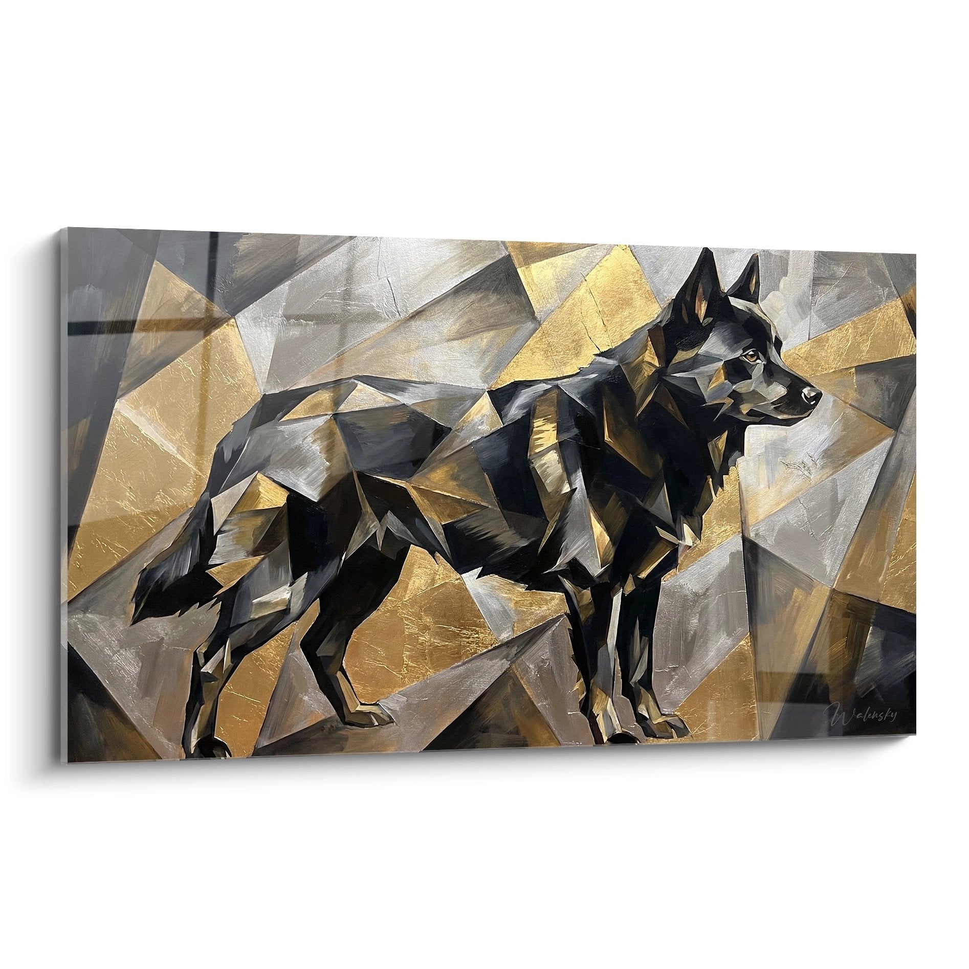 Tableau moderne de Schipperke aux facettes geometriques dorees et grises sur fond beige