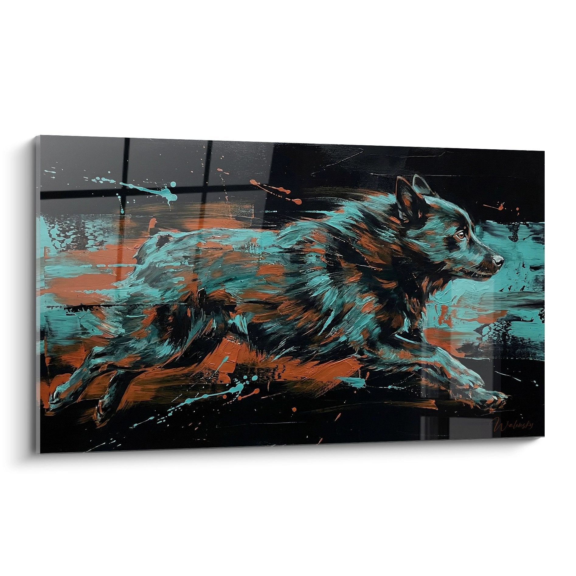 Tableau artistique Schipperke turquoise et orange en mouvement sur fond noir style street art