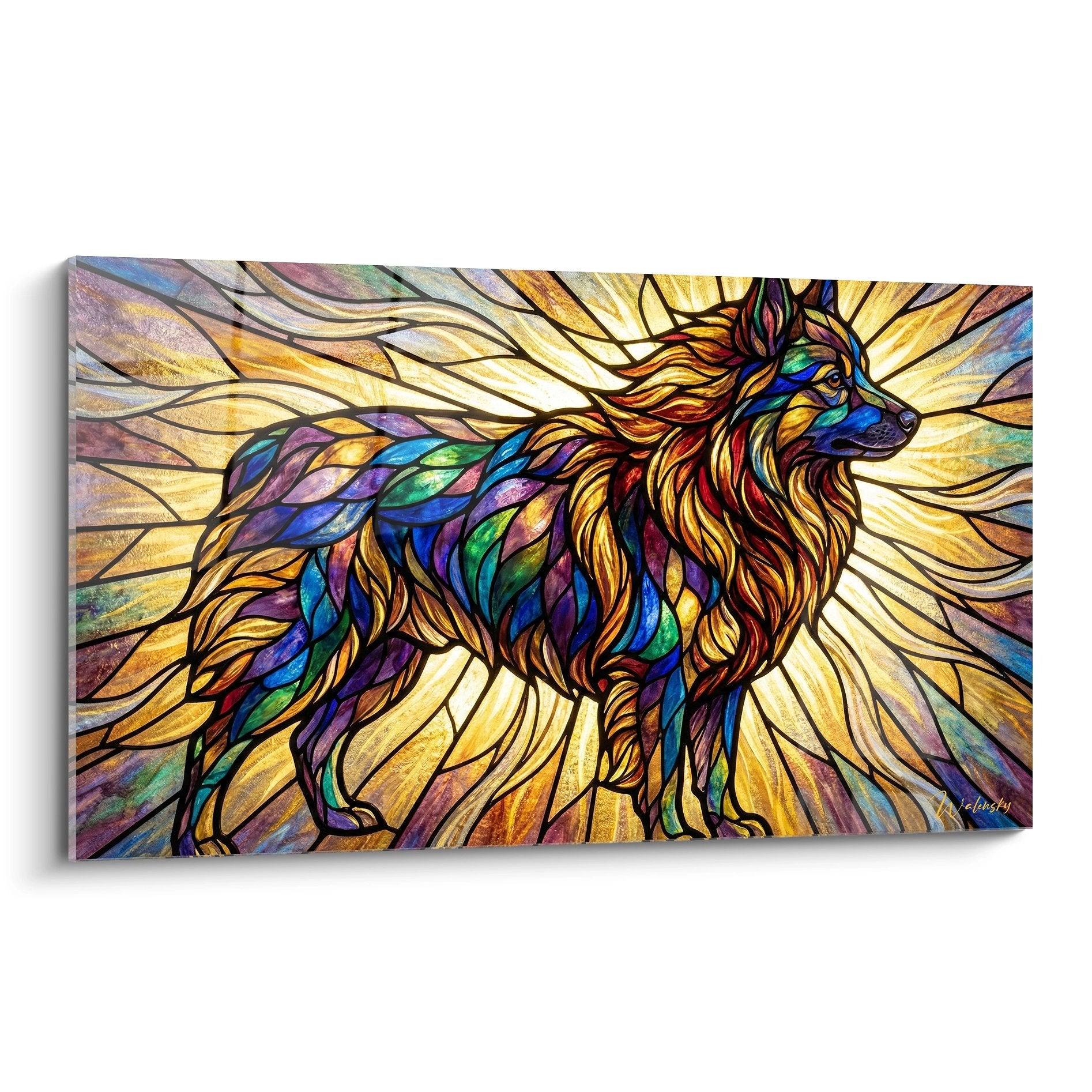 Tableau artistique schipperke style vitrail couleurs arc-en-ciel rayons dores lumiere prismatique