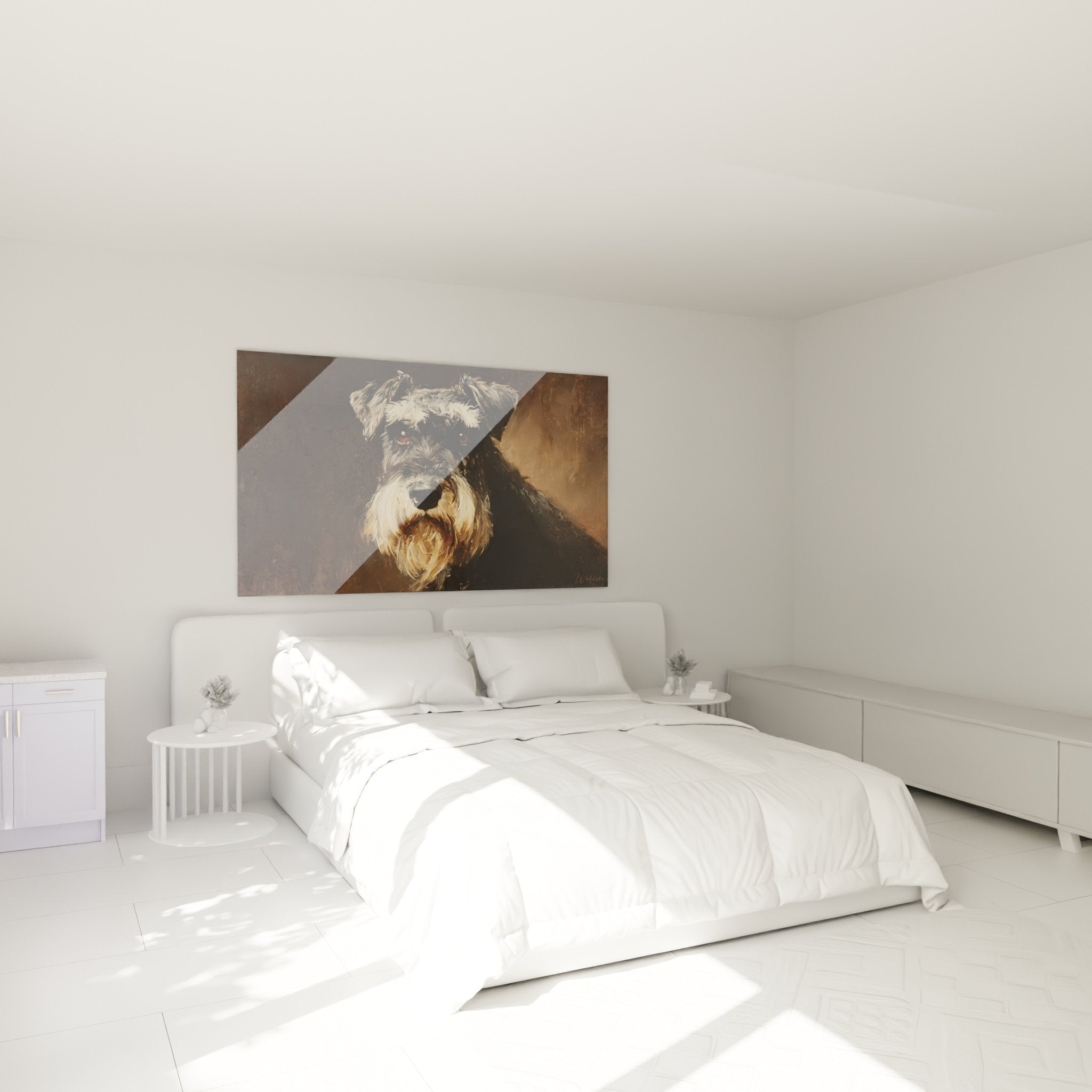 Schnauzer-Porträt Gemälde realistisch im modernen Schlafzimmer, Wanddekoration warme Töne