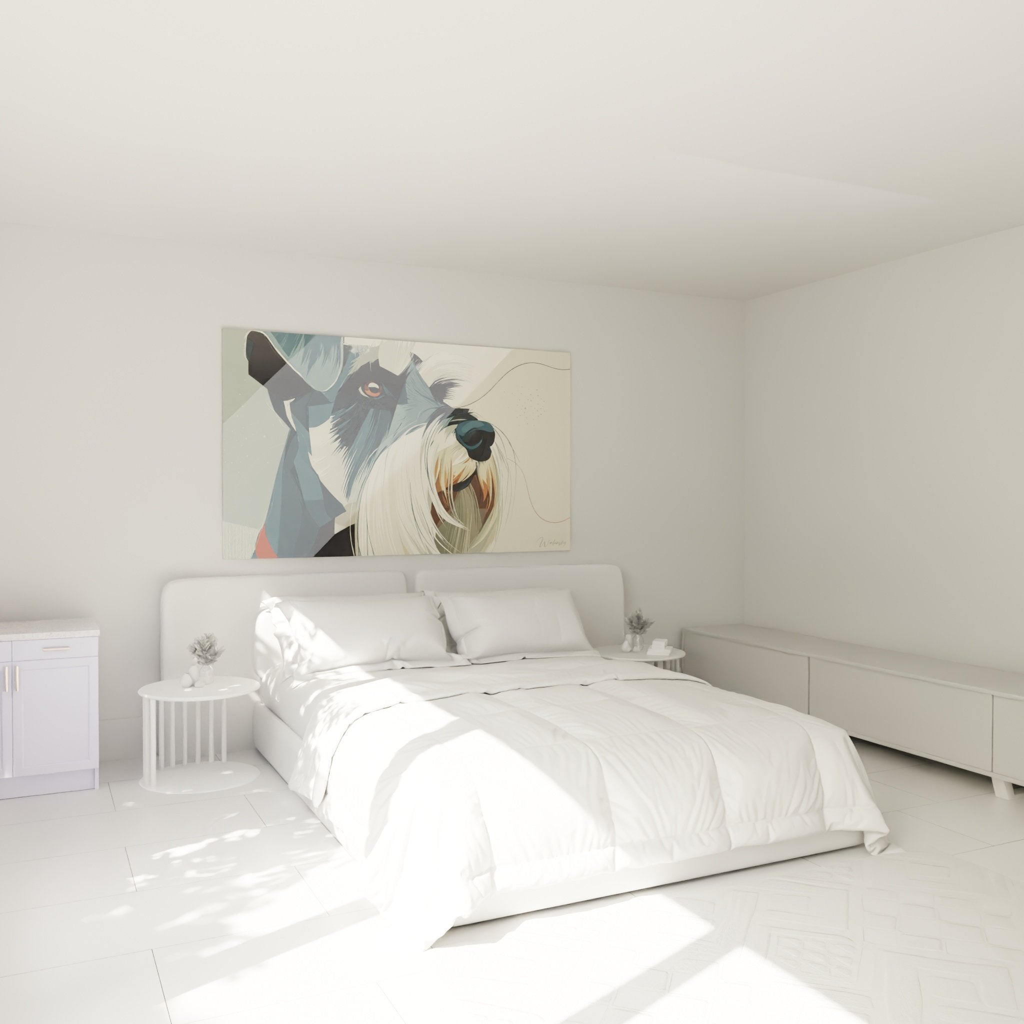 tableau schnauzer stylise decoration chambre moderne mur bleu gris portrait canin