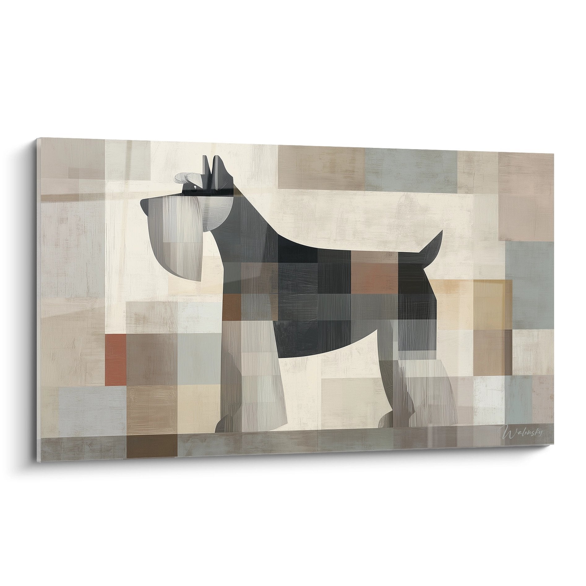 Tableau moderne Schnauzer silhouette noire sur fond géométrique beige brun art contemporain chien
