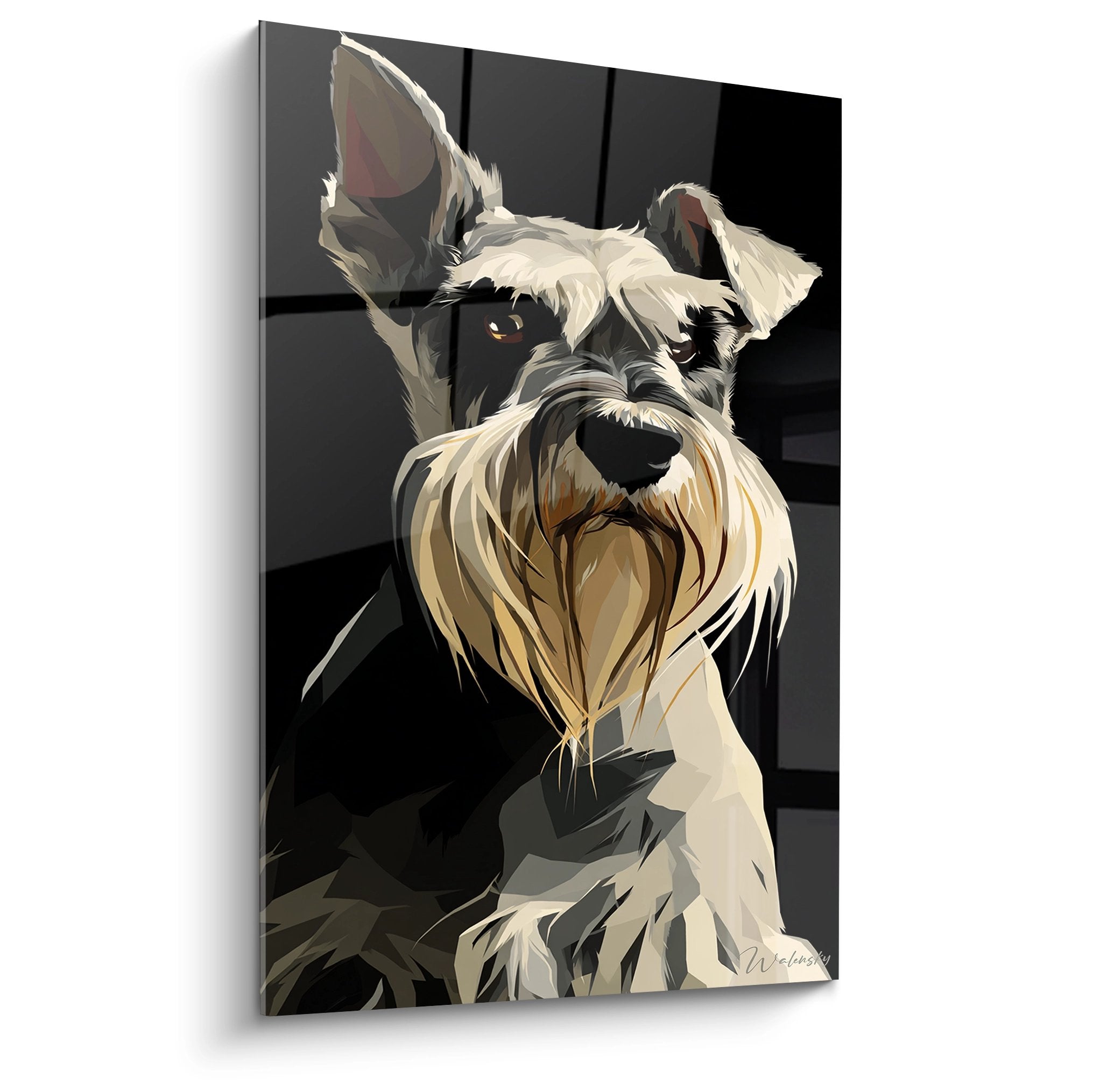 Portrait moderne de Schnauzer gris et blanc sur fond noir, style artistique contemporain avec traits stylisés