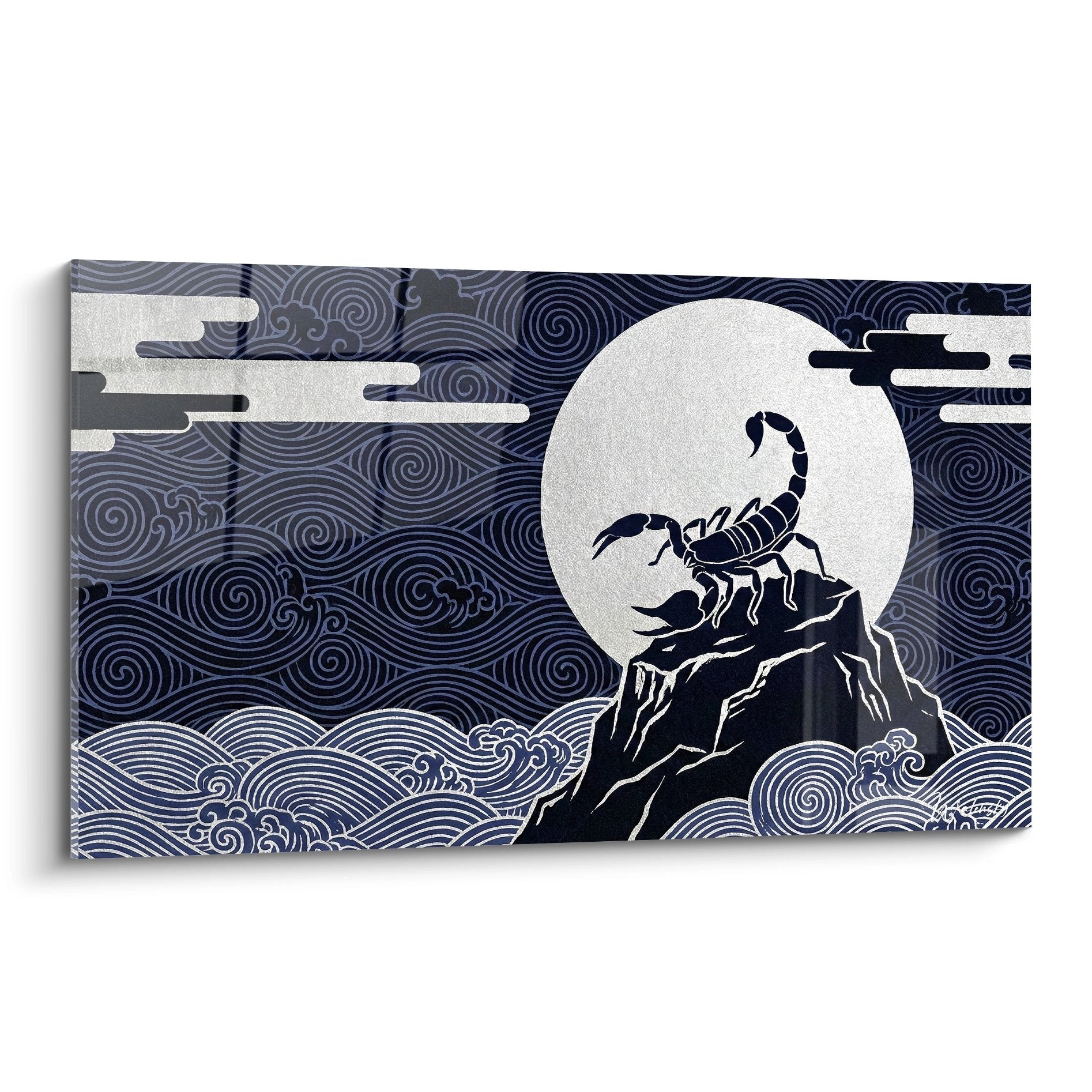 Black scorpion silhouette on silver moon with midnight blue spirals Asian style wall art