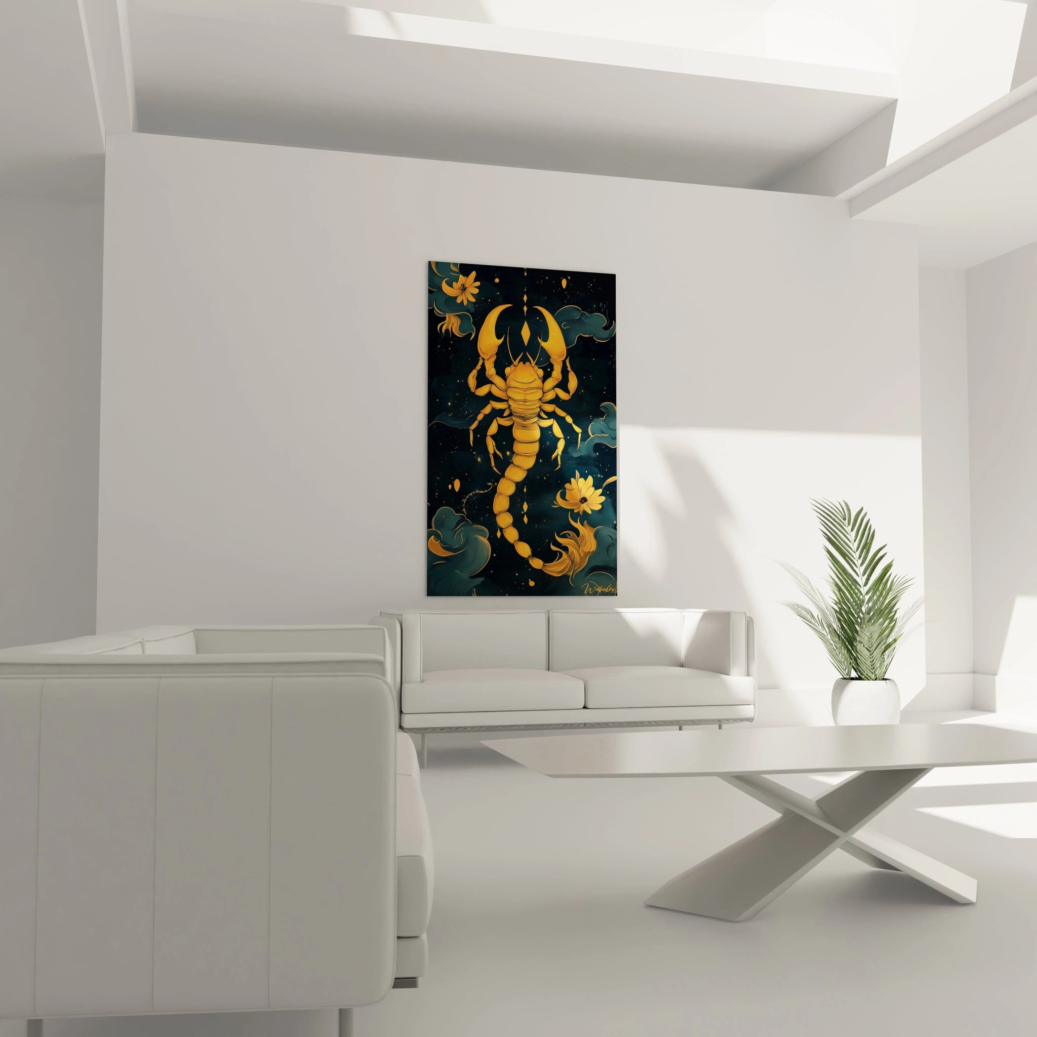Un tableau scorpion aux teintes orange et or sur fond bleu-noir profond, illustrant l'animal avec des segments détaillés et une queue articulée, accompagné d'éléments floraux dorés et nuages stylisés aux textures variées.