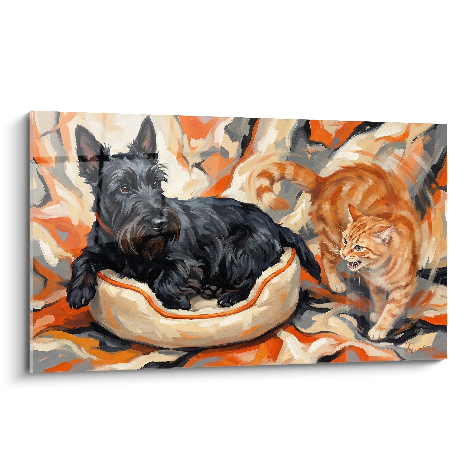 Tableau Scottish terrier noir dans panier avec chat roux, palette orange chaleureuse, style pictural moderne