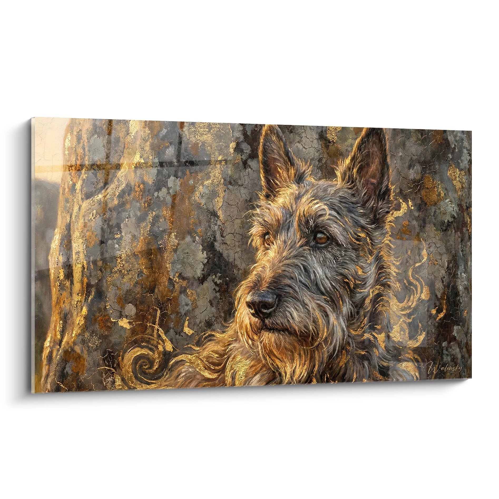 Tableau mural Scottish Terrier aux reflets dorés sur fond texturé craquelé - Portrait artistique chien