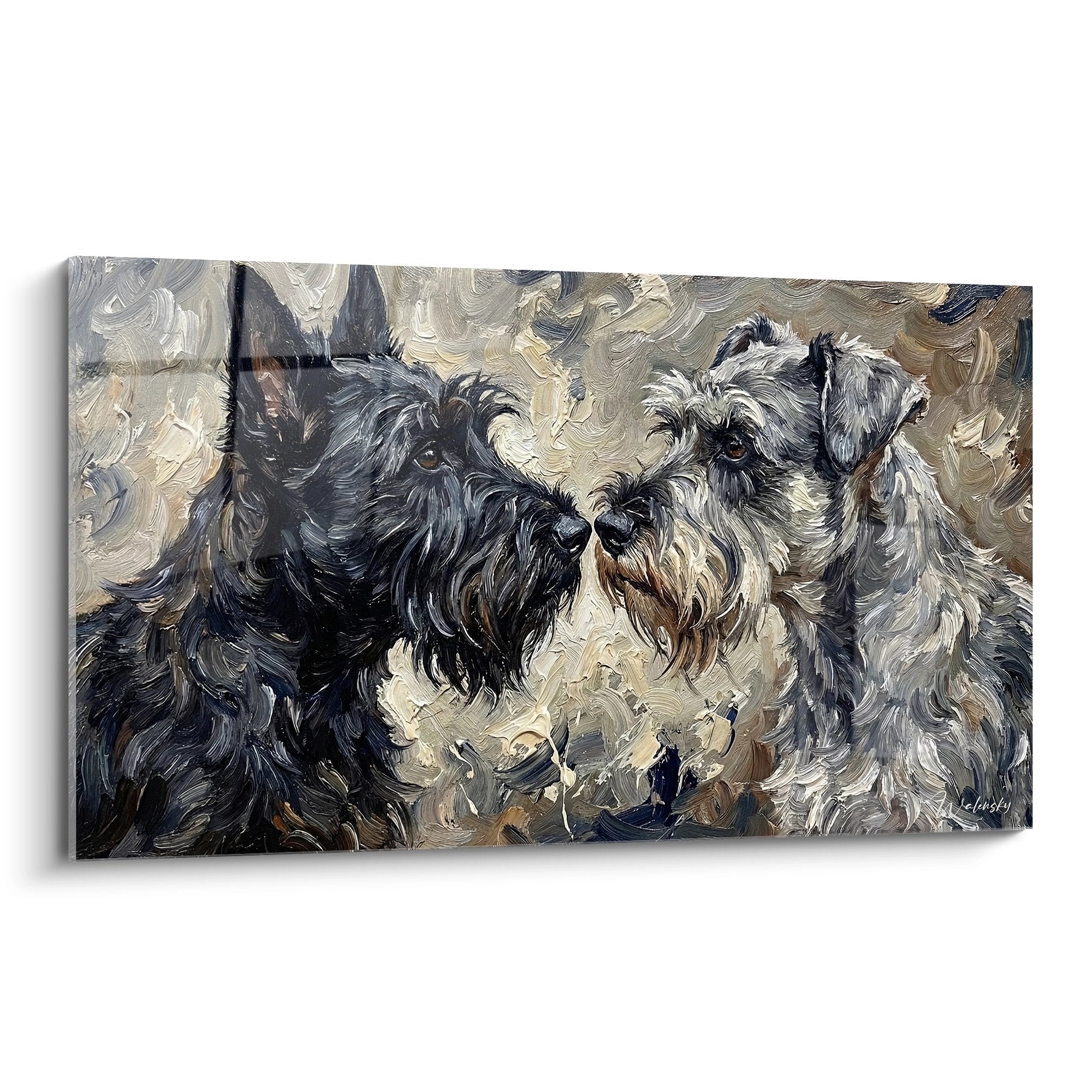 Tableau artistique représentant deux Scottish Terriers gris et blanc dans un style impressionniste