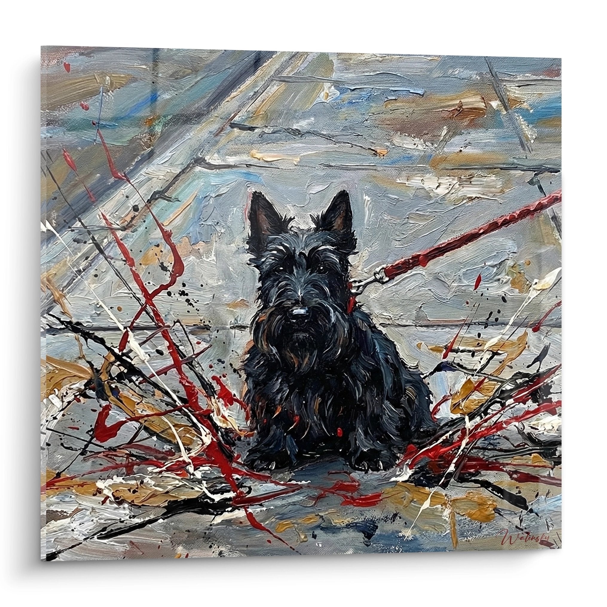 Tableau Scottish Terrier noir sur fond abstrait avec eclaboussures rouge bleu et ocre style expressionniste moderne