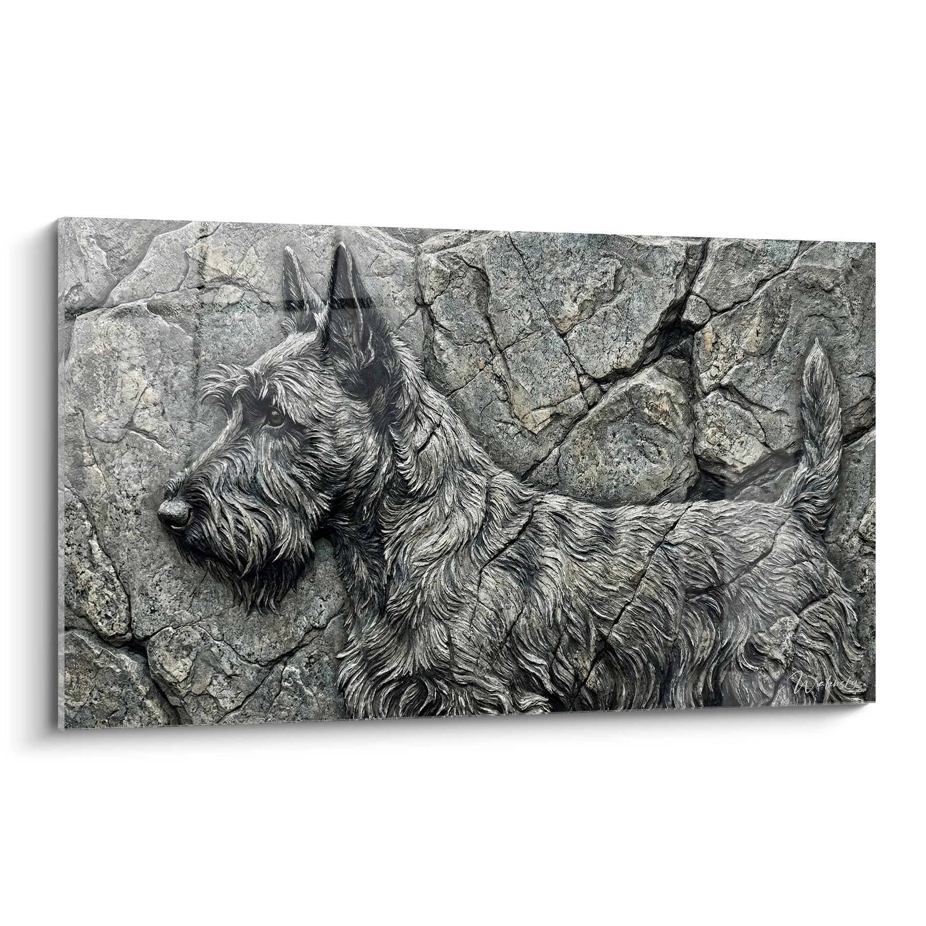 Tableau Scottish Terrier noir et blanc allongé sur rochers gris, art animalier réaliste monochrome