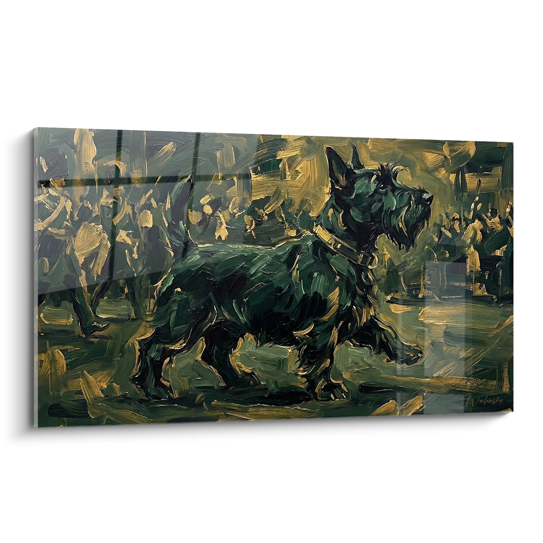 tableau scottish terrier noir reflets dores peinture expressive gestuelle art canin contemporain