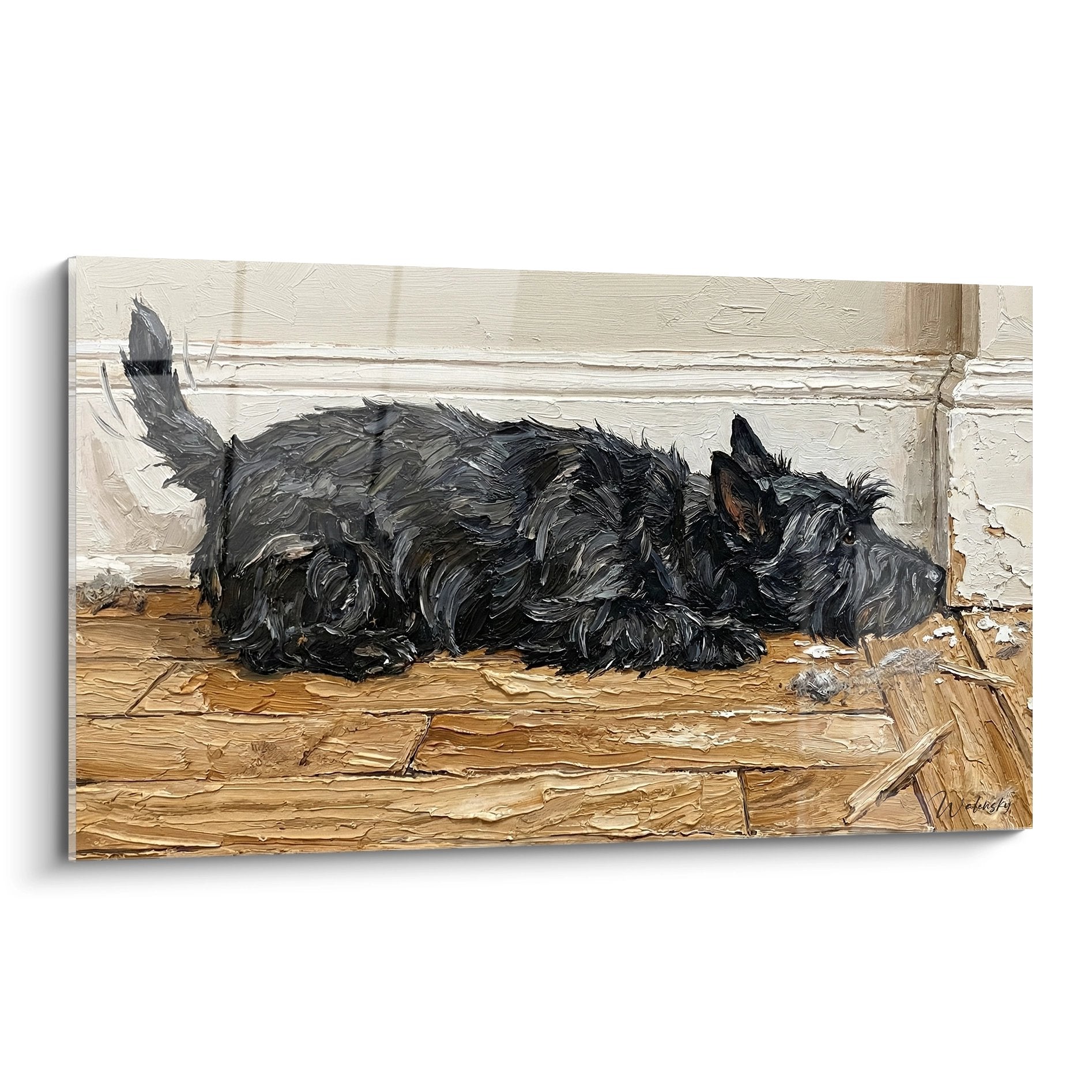 Tableau Scottish Terrier noir endormi paisiblement sur parquet ancien, peinture chien domestique repos