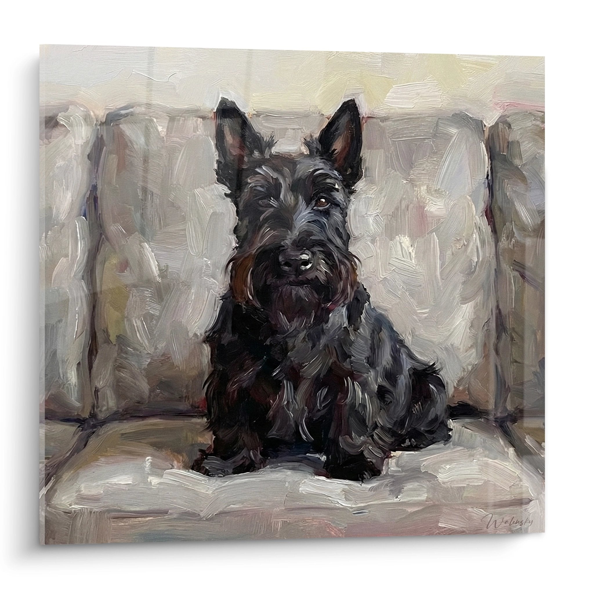 Peinture scottish terrier noir sur fauteuil beige, portrait canin expressif aux tons chaleureux