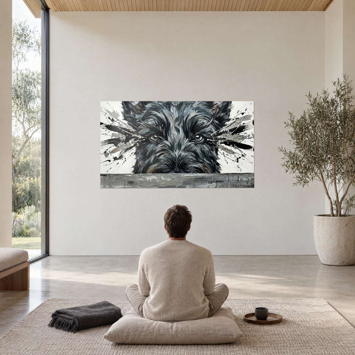 Cuadro de terrier de pelo revuelto en negro y gris acero, salpicaduras como pintura lanzada, contemplado desde un cojín de meditación