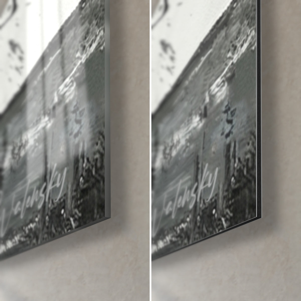 Cuadro de terrier, sección de tres milímetros que compara cristal acrílico brillante y aluminio Dibond mate, reflejos grises y negros sobre el pelaje