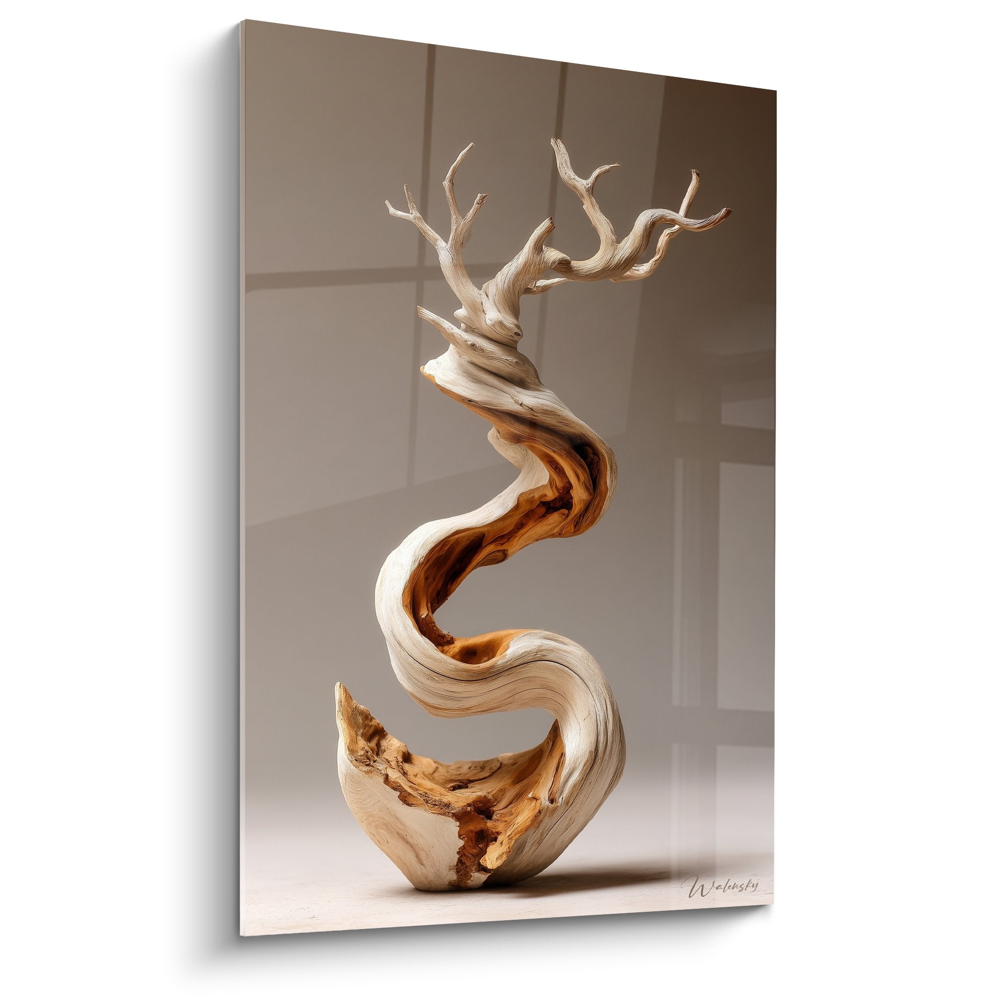 Wood sculpture spiral twisted painting caramel cream tones organic zen ikebana art