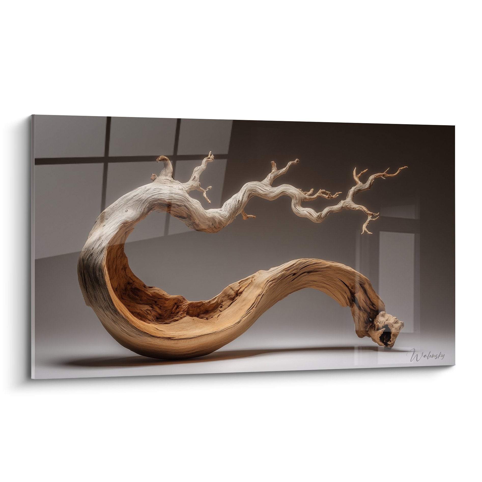 Holzskulptur-Kunstwerk mit gedrehtem Muster in natürlichen Beige- und Brauntönen auf minimalistischem grauem Hintergrund, Ikebana-Edition