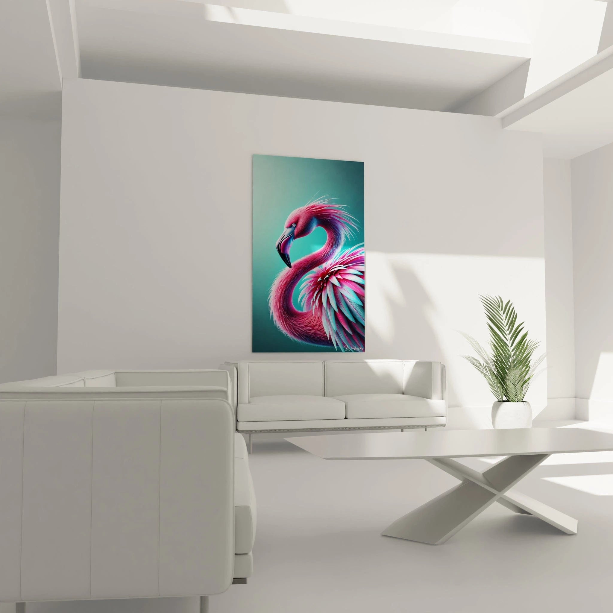 tableau flamand rose en majesté au-dessus d’un canapé dans un salon moderne avec des accessoires rose et turquoise