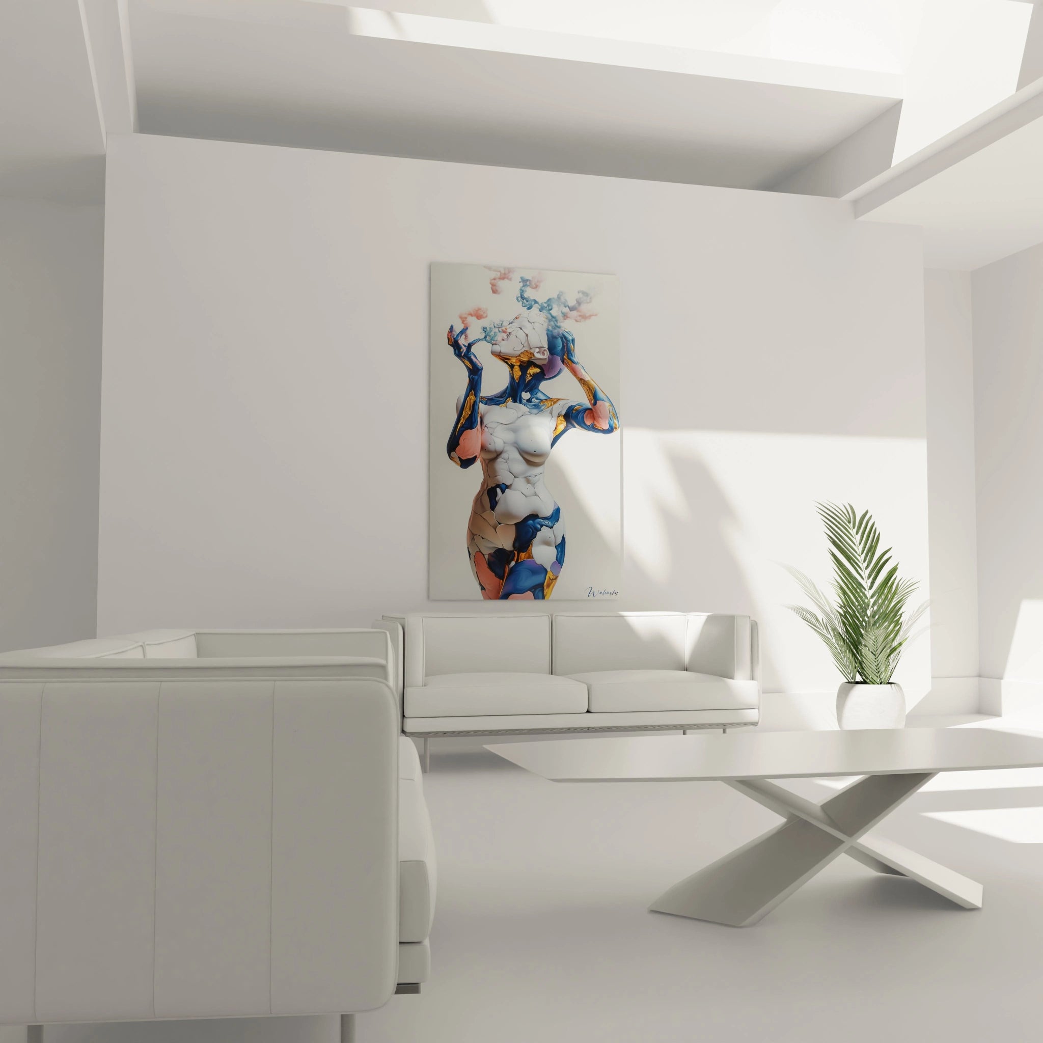 Un tableau artistique abstrait illustrant un corps féminin avec des formes organiques en bleu, or et rose, mettant en valeur des textures fluides et des éclats dorés sur un arrière-plan clair.