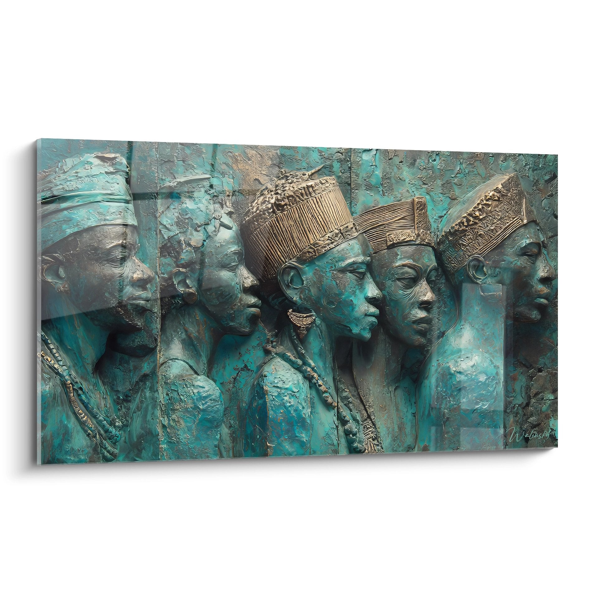 Tableau sculptures africaines aux tons turquoise et bronze représentant des visages avec coiffes traditionnelles