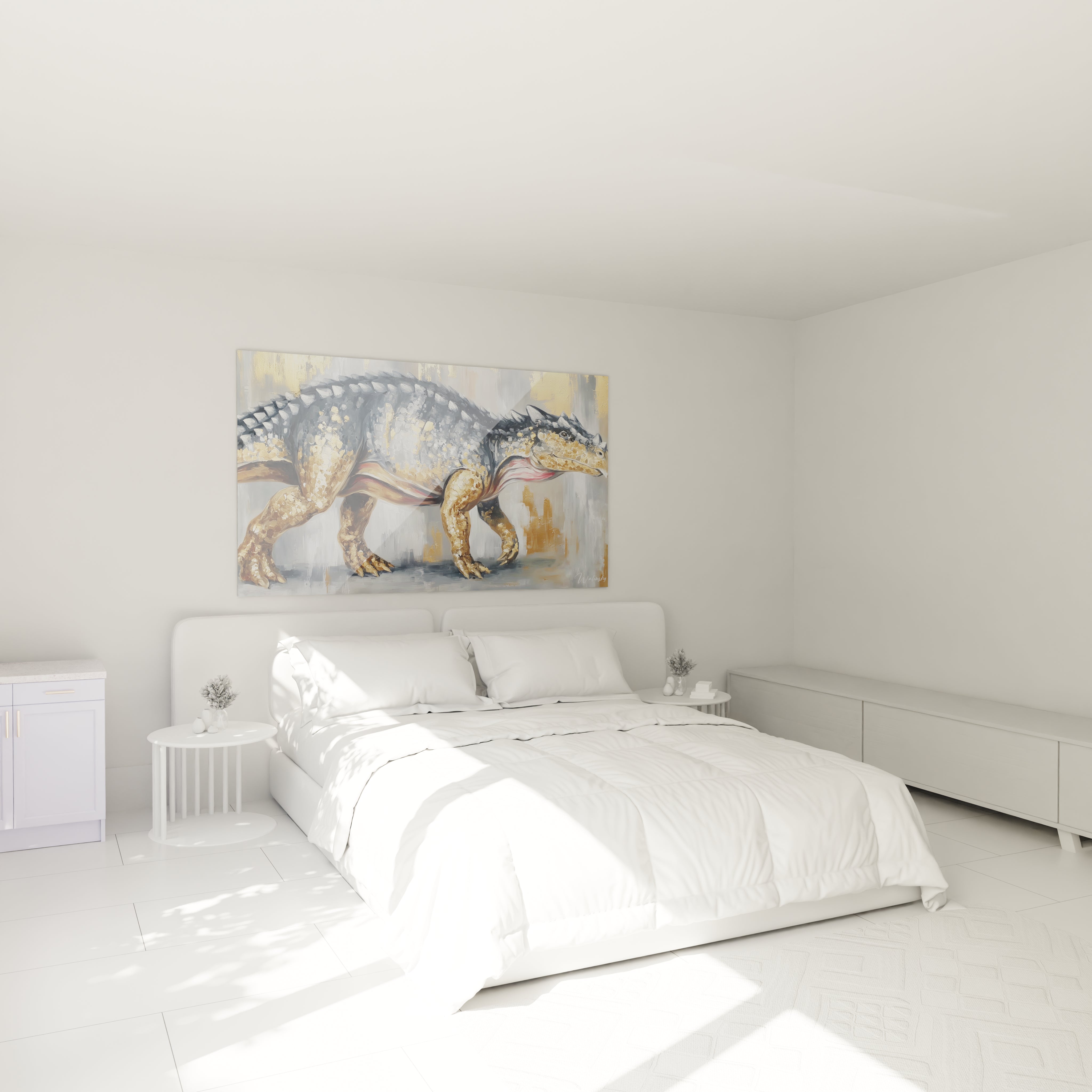 Tableau Scutosaurus doré décorant élégamment une chambre moderne avec style