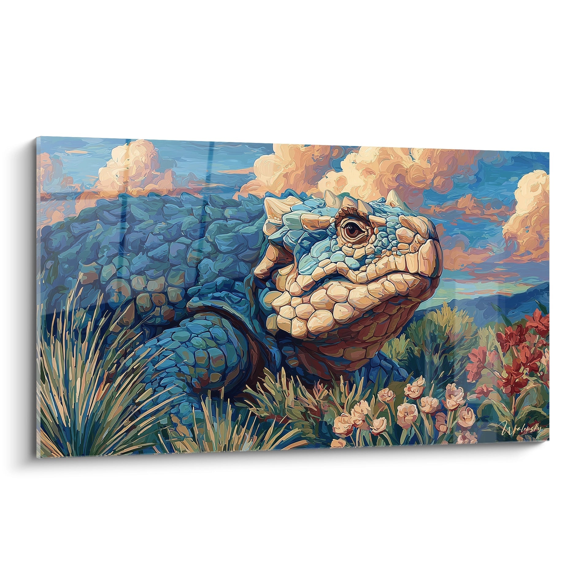 Tableau mural Scutosaurus majestueux aux écailles colorées dans environnement préhistorique stylisé