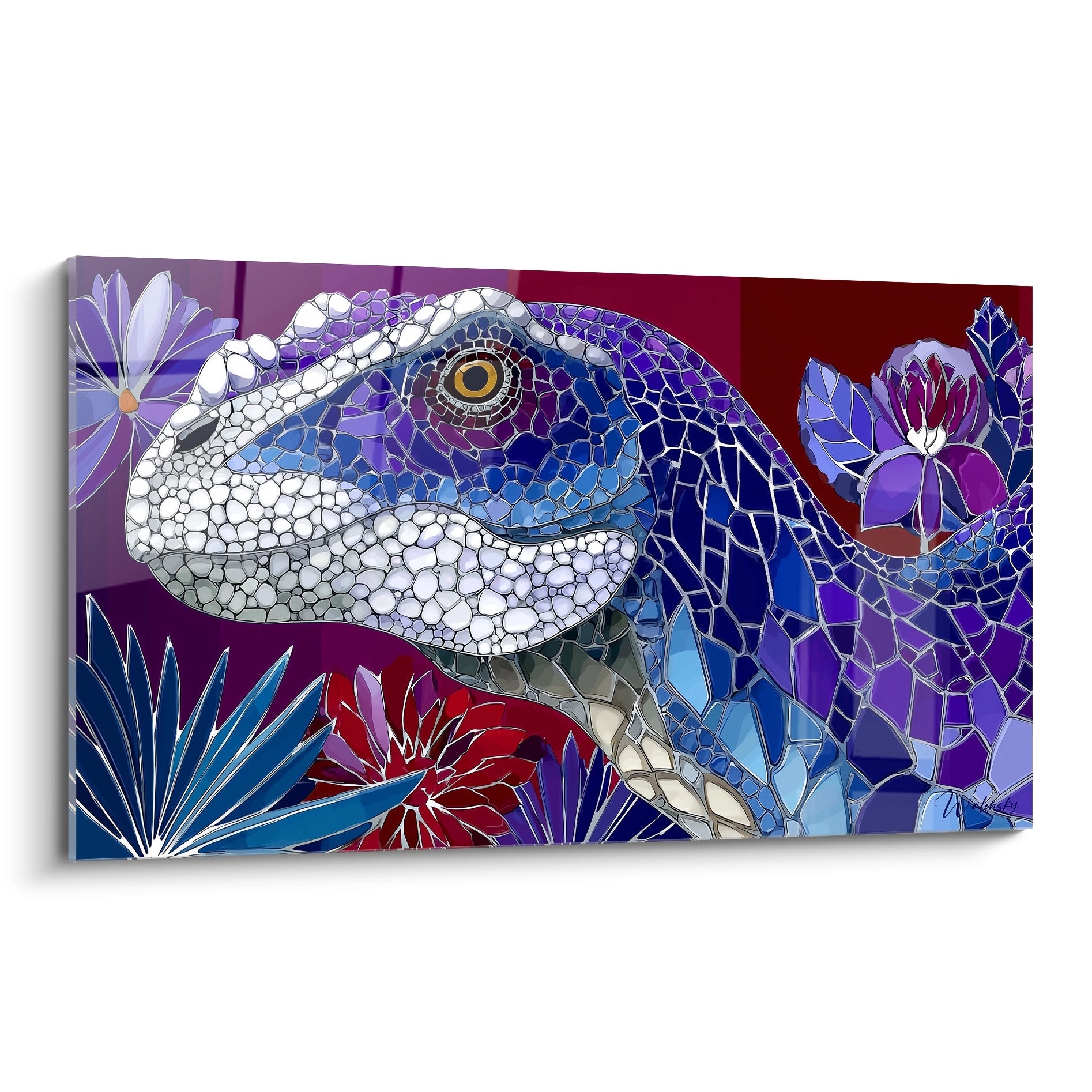 Tableau mural Scutosaurus en mosaïque colorée avec fleurs violettes et rouges, art dinosaure décoratif