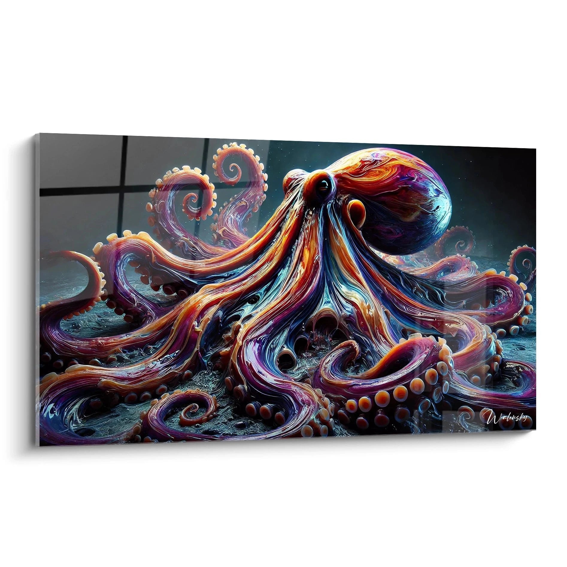 tableau poulpe vibrant vu de biais capte l'attention avec ses couleurs audacieuses et ses tentacules dynamiques parfait pour une deco moderne qui inspire mouvement et energie