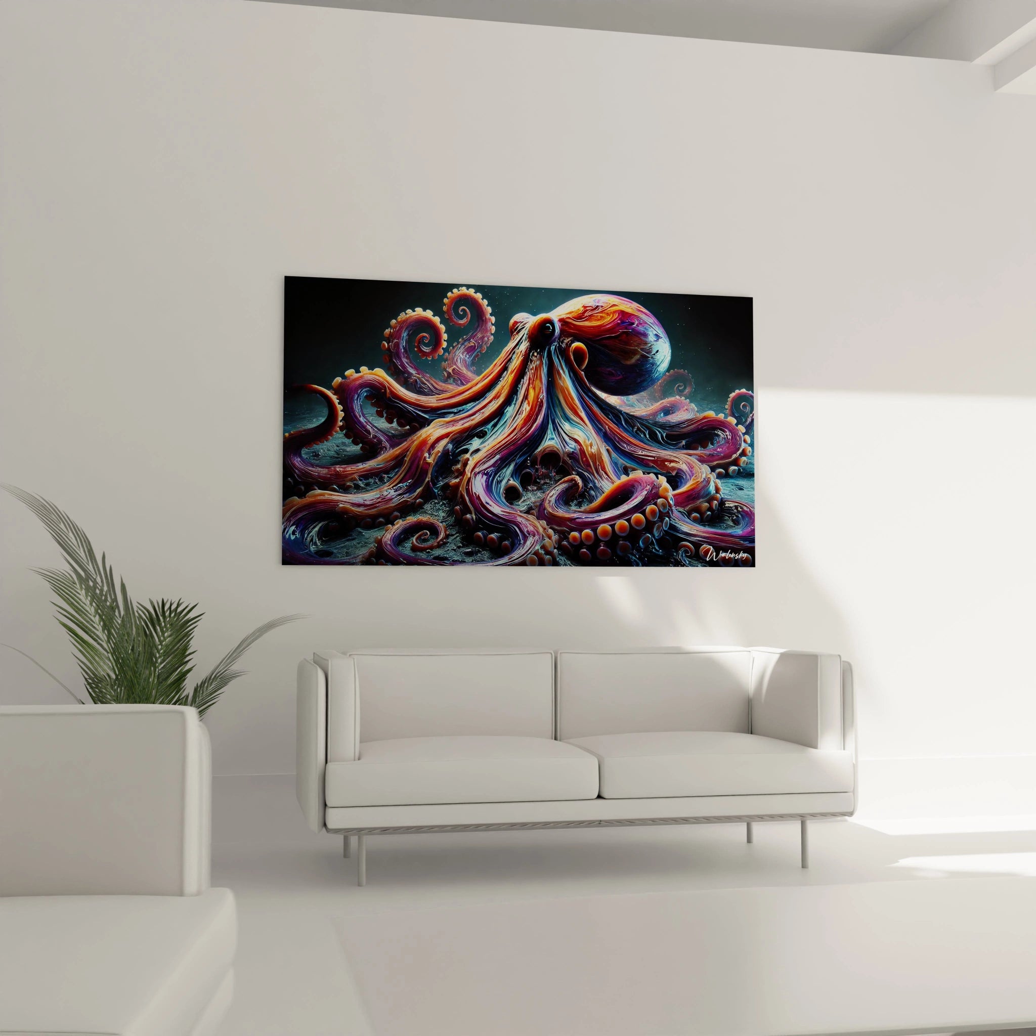 le tableau poulpe accroche au dessus du canape transforme instantanement le salon avec ses couleurs vives et ses details hypnotiques parfait pour creer une ambiance immersive