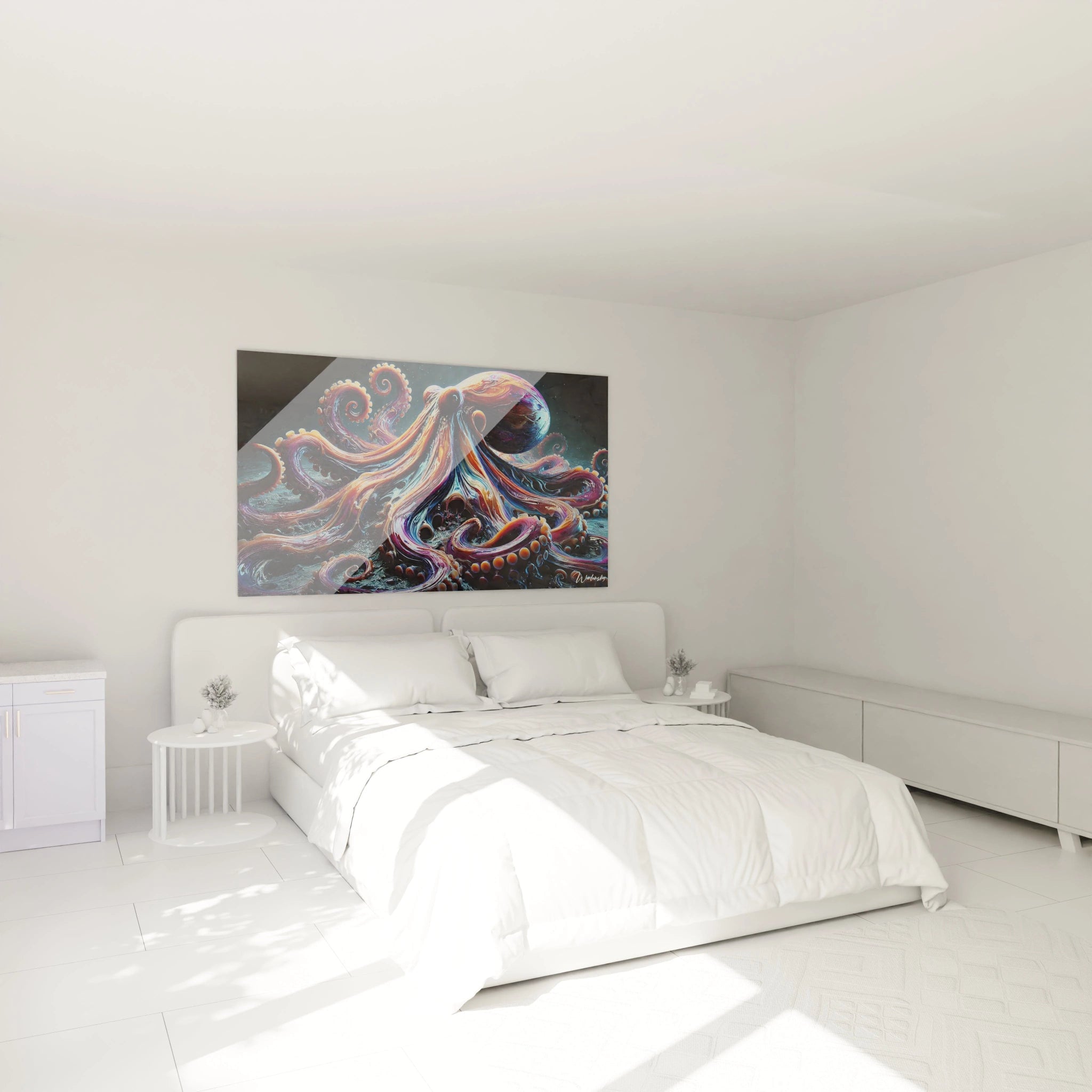 dans une chambre au dessus du lit ce tableau poulpe colore apporte une touche dynamique et une energie apaisante avec ses tentacules en mouvement ideal pour un espace de repos