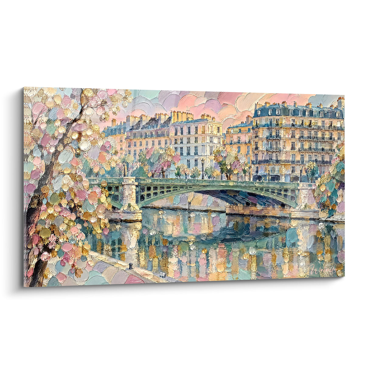 Pont vert sur la Seine entouré d'arbres fleuris roses et dorés, peinture à l'huile texturée