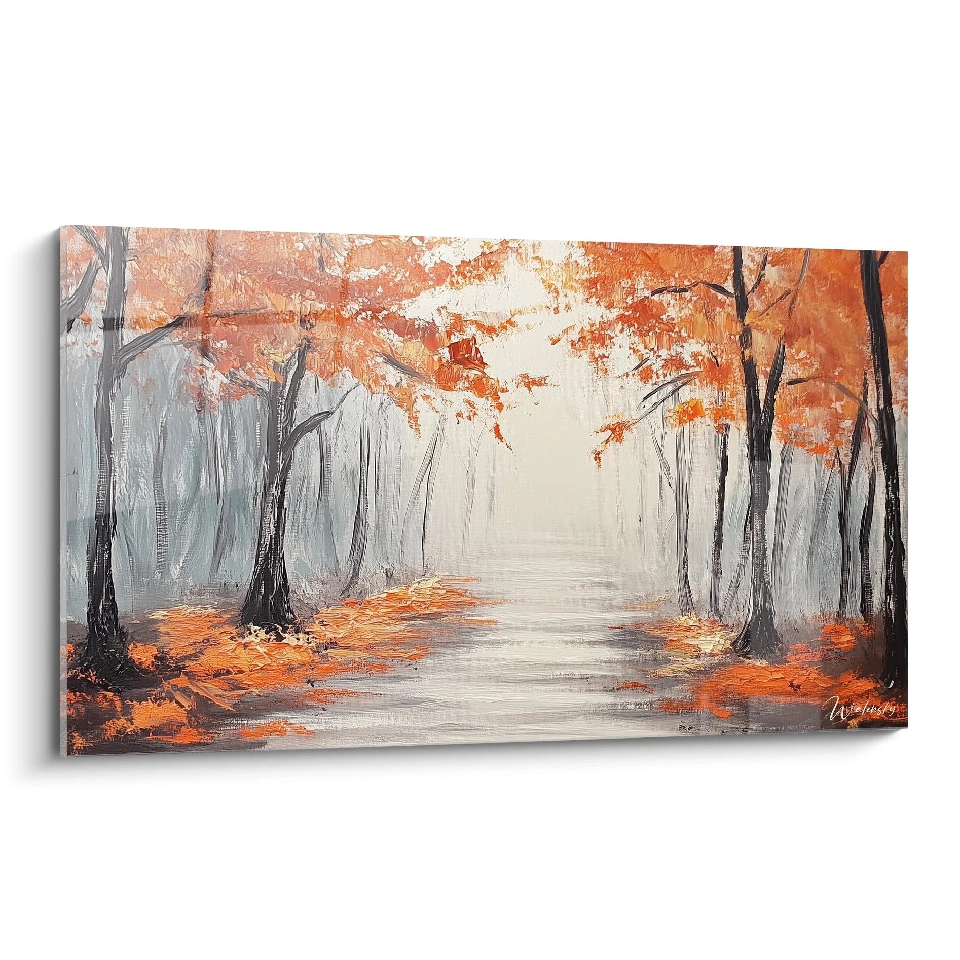 Un tableau forêt automnale représentant un chemin brumeux bordé d'arbres aux feuillages orange flamboyant, avec des troncs noirs élancés et une atmosphère brumeuse gris-bleu créant un effet de profondeur mystérieuse.