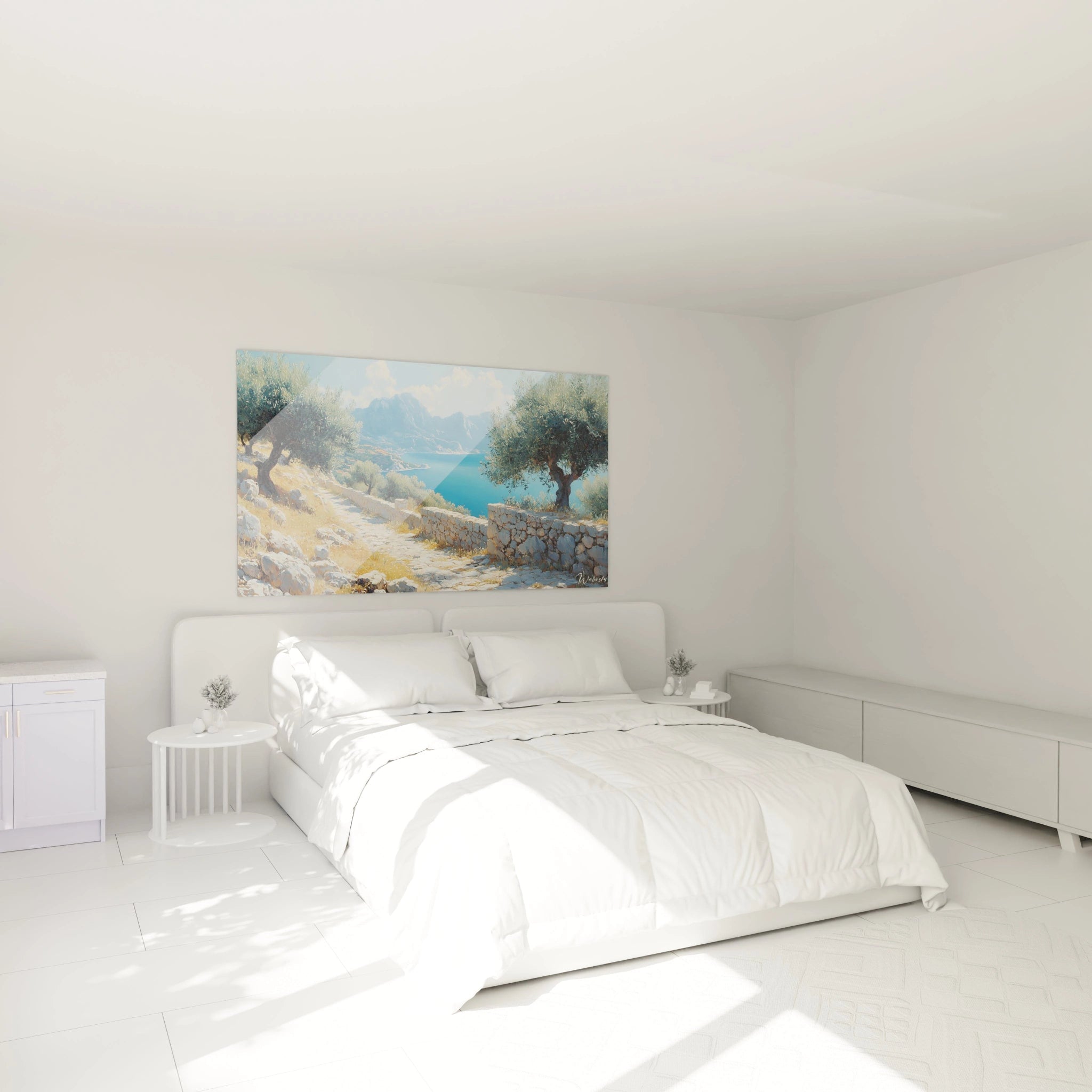 Un tableau paysage méditerranéen montrant un sentier pierreux serpentant entre des oliviers centenaires, surplombant une baie azur encadrée de montagnes bleutées, avec une texture détaillée des rochers et une luminosité caractéristique des rivages du sud.