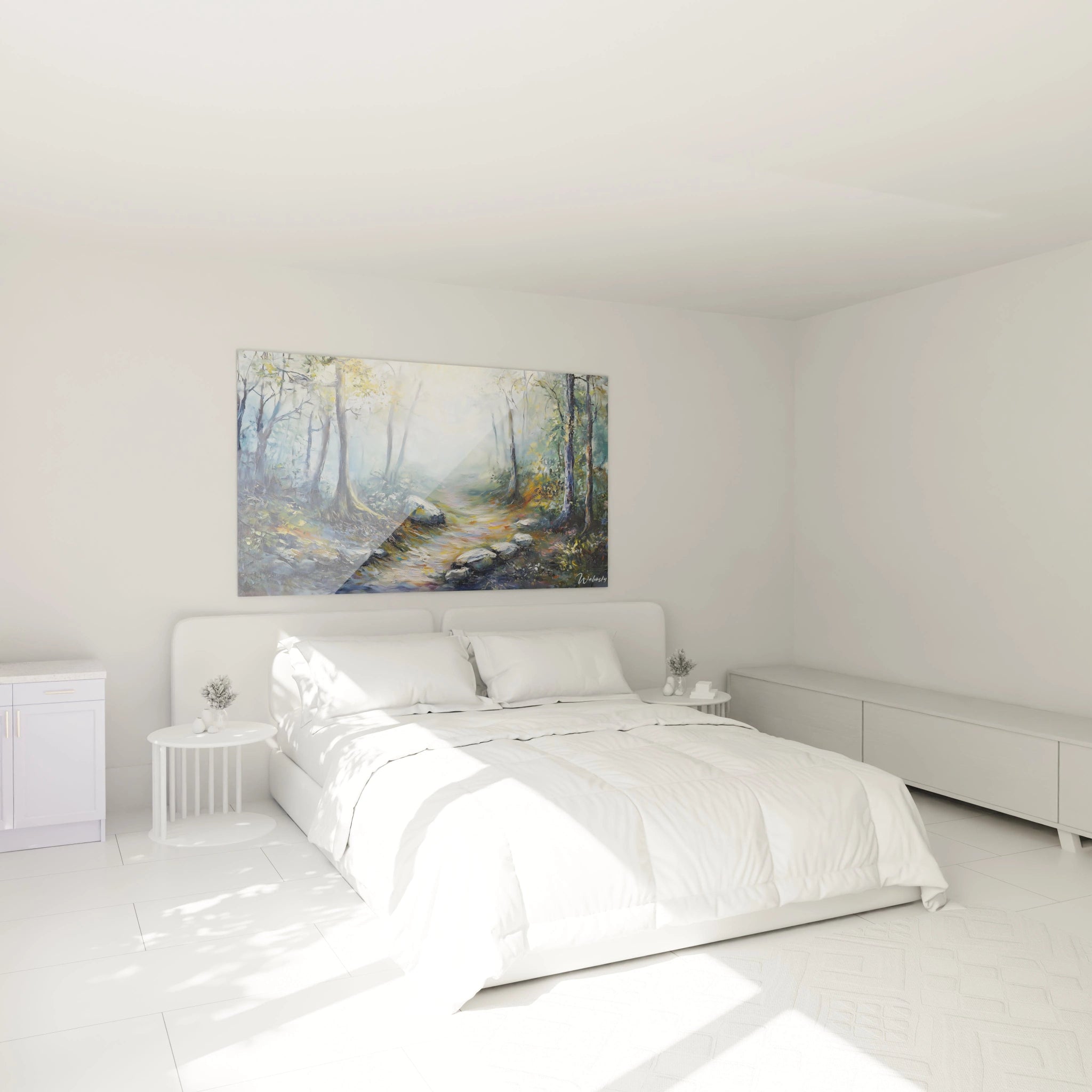 Un tableau forêt illustrant un chemin forestier dans la brume matinale, encadré par des troncs verticaux aux feuillages dorés et verts, avec une lumière diffuse au centre et des textures variées entre les zones brumeuses éthérées et les détails texturés du premier plan.