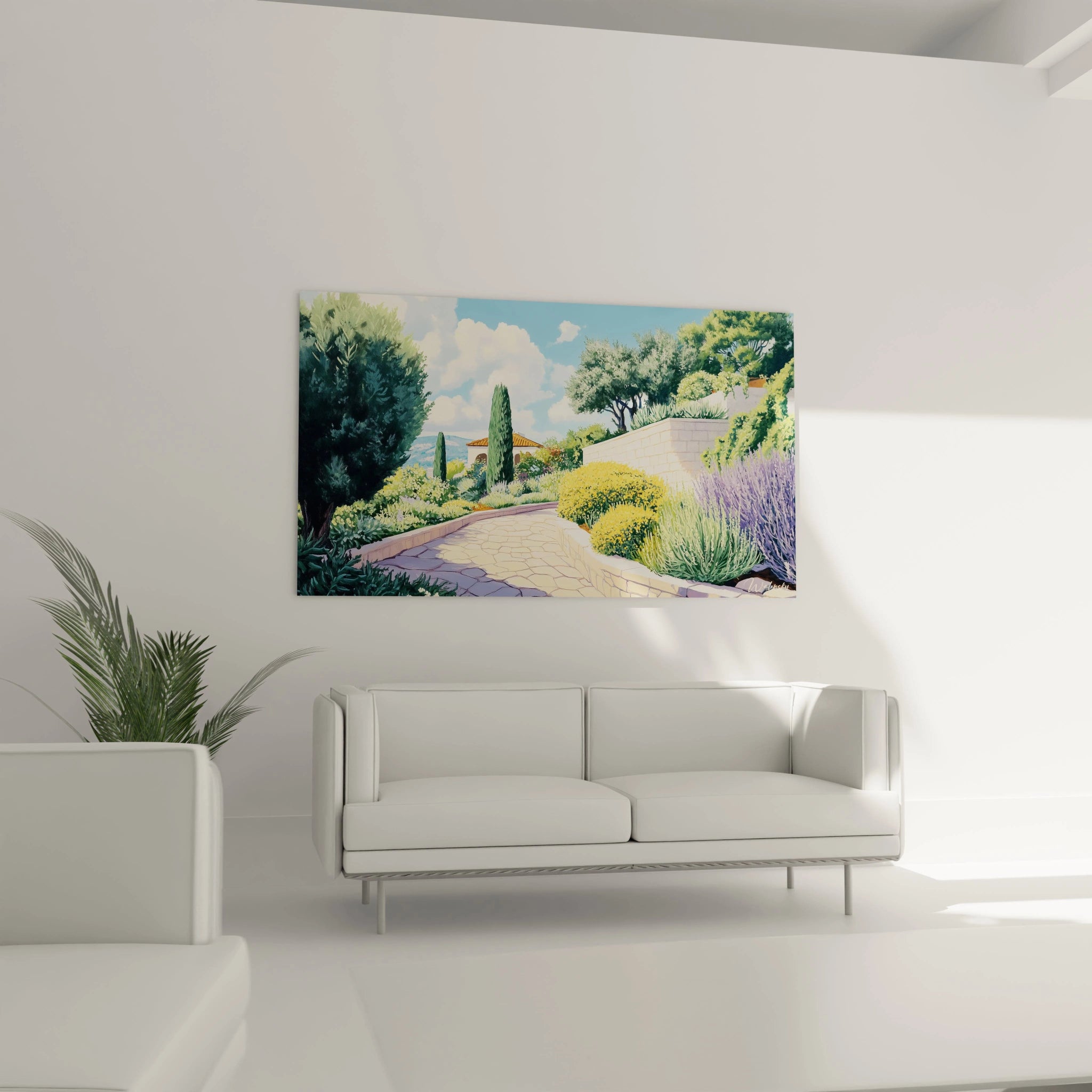Un tableau paysage provençal capturant une allée en pierre calcaire qui guide le regard à travers une végétation luxuriante de cyprès verts, buissons jaunes dorés et plants de lavande, sous un ciel azur parsemé de nuages blancs cotonneux.