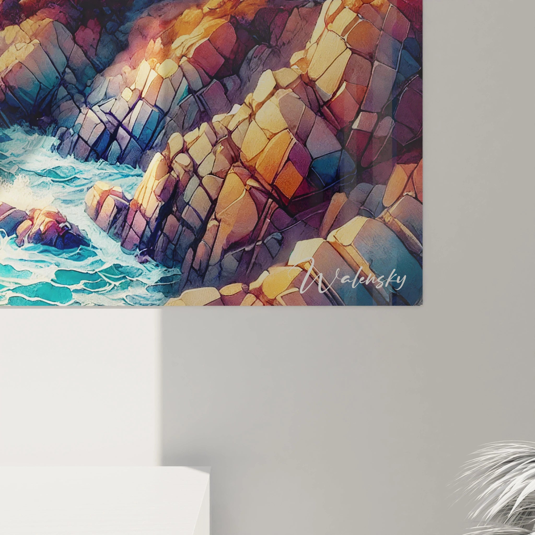 Vue rapprochée du Tableau Marin révélant la texture et les détails oniriques des coups de pinceau. Les teintes de bleu et rose s’entrelacent, capturant la poésie de la mer et de l'horizon.