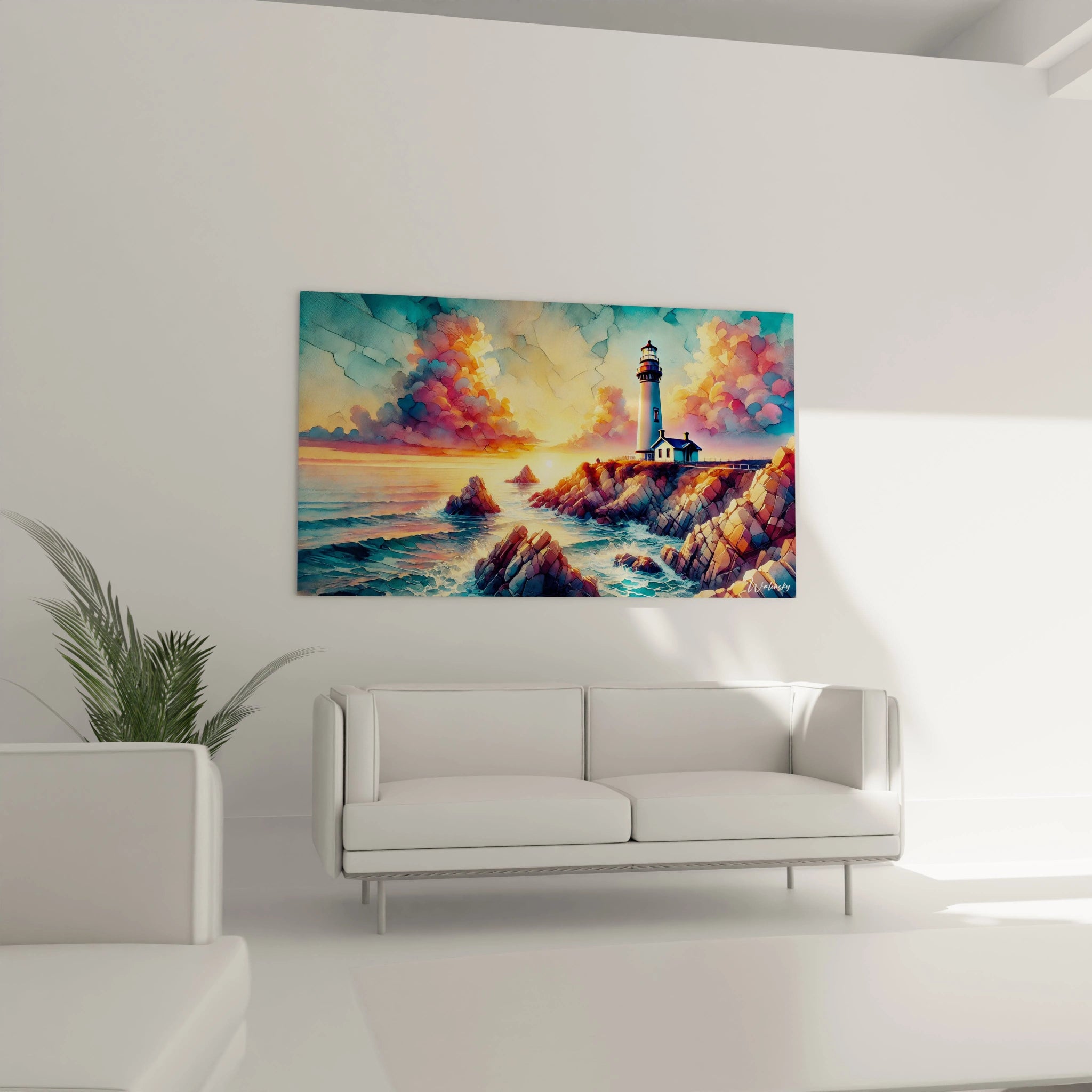 Tableau Marin suspendu au-dessus du canapé, ajoutant une touche de calme et de profondeur. Les teintes marines et la lumière du crépuscule subliment le salon et incitent à la contemplation.