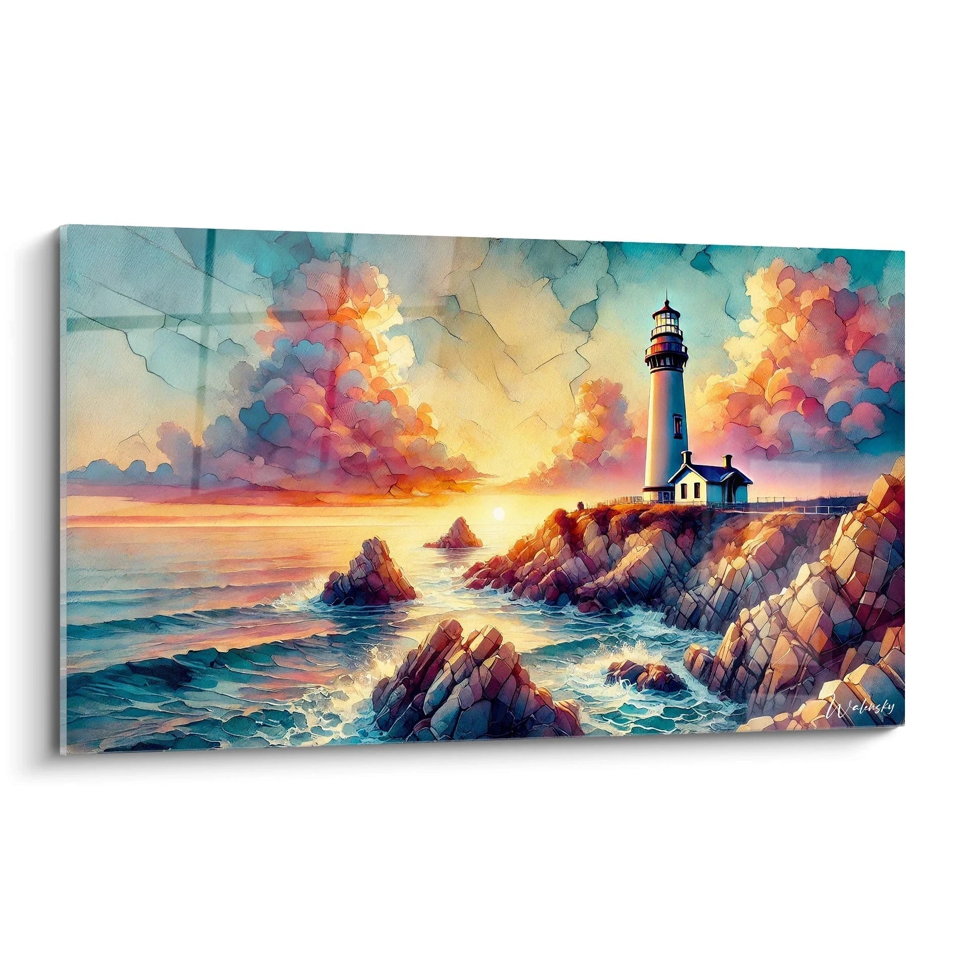 Tableau Marin vu de biais capturant l'harmonie du crépuscule. La lumière douce et les teintes orange, rose et bleu se fondent pour évoquer la sérénité de l'océan et la puissance tranquille du phare.