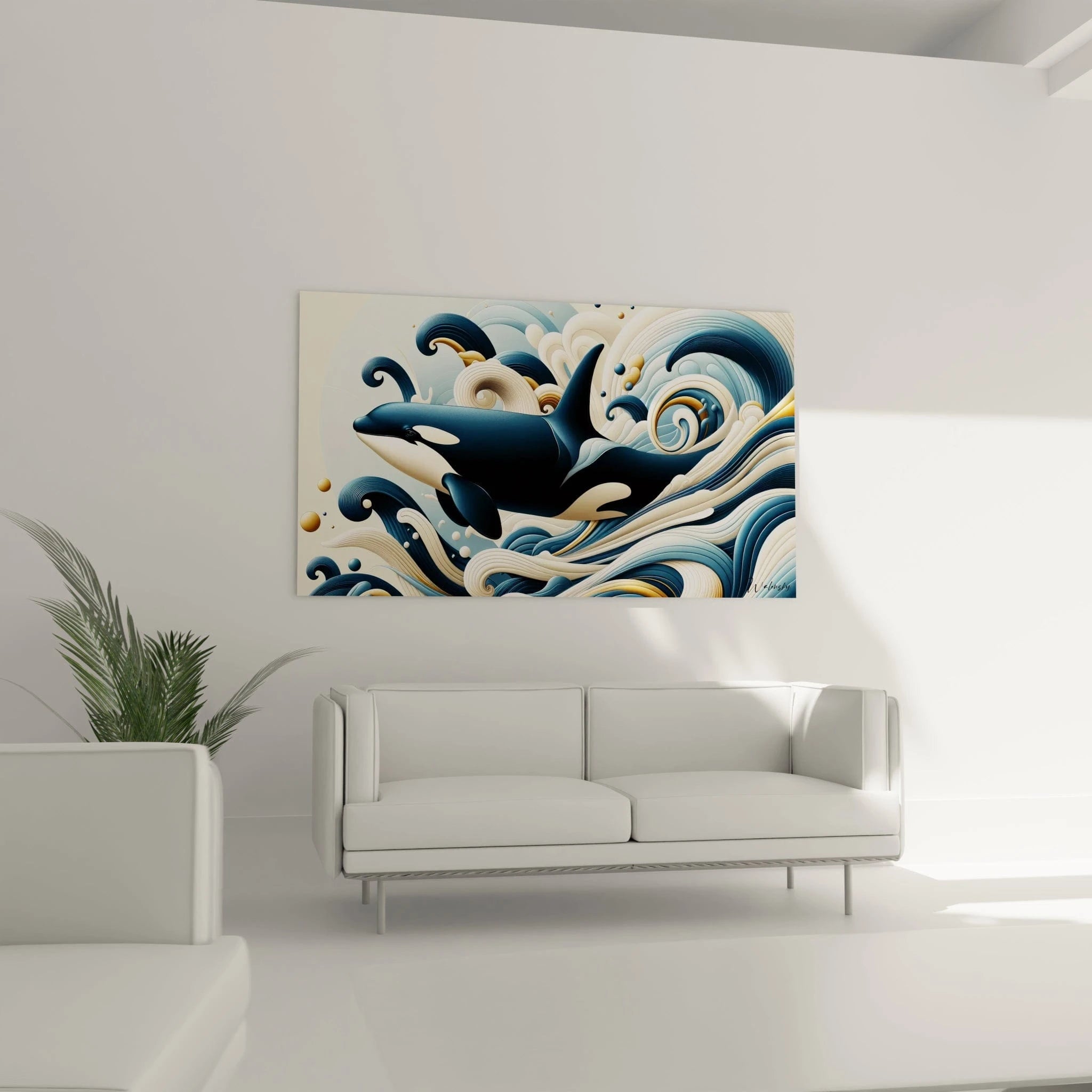 Salon : tableau orque accroché au-dessus d’un canapé, pièce centrale captivante, inspiration marine, nuances de bleu profond, beige naturel et or lumineux, dynamisme et élégance.